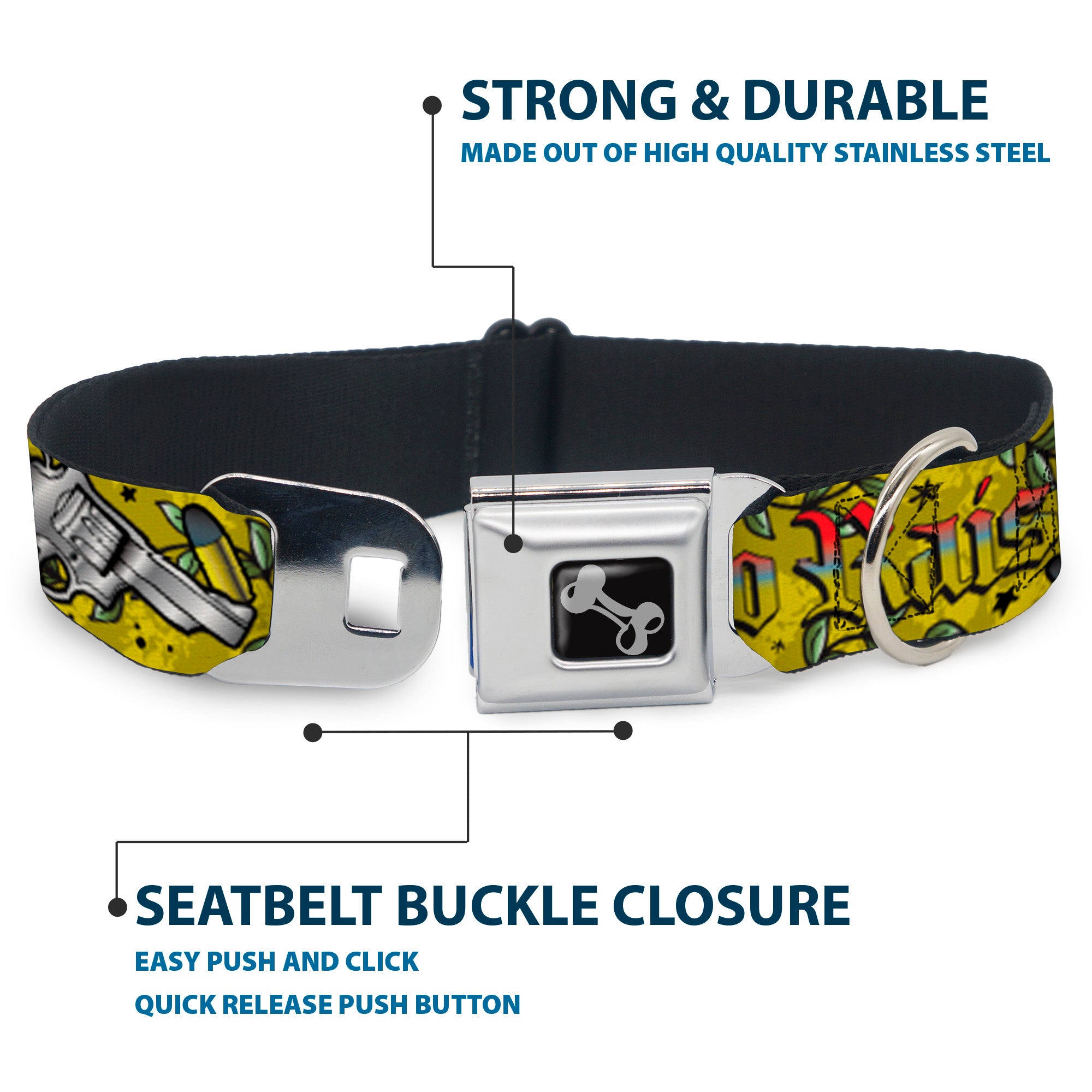 Dog Bone Seatbelt Buckle Collar - Born to Raise Hell Yellow Seatbelt Buckle Collars Buckle-Down