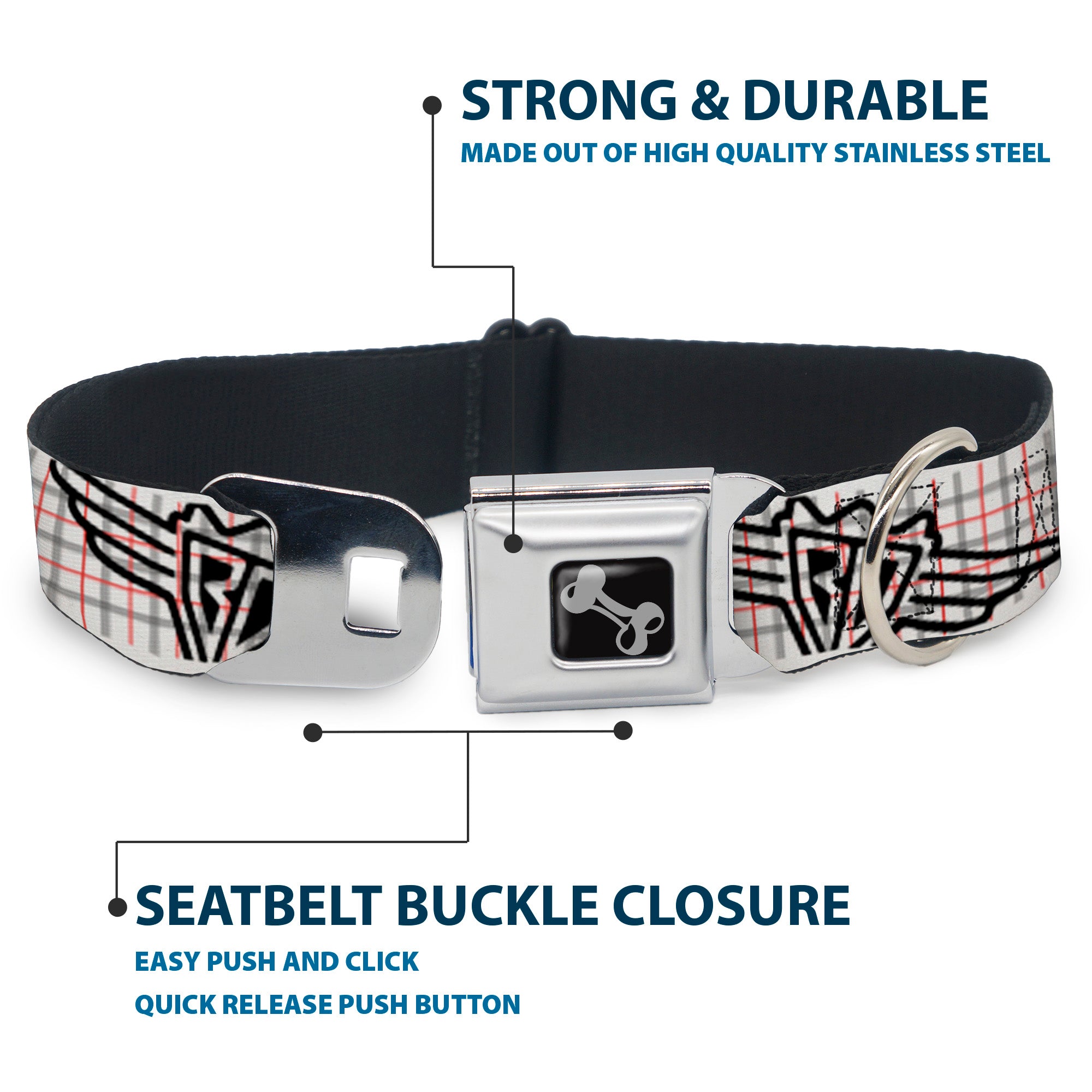 Dog Bone Seatbelt Buckle Collar - BD Plaid White/Gray/Red Seatbelt Buckle Collars Buckle-Down