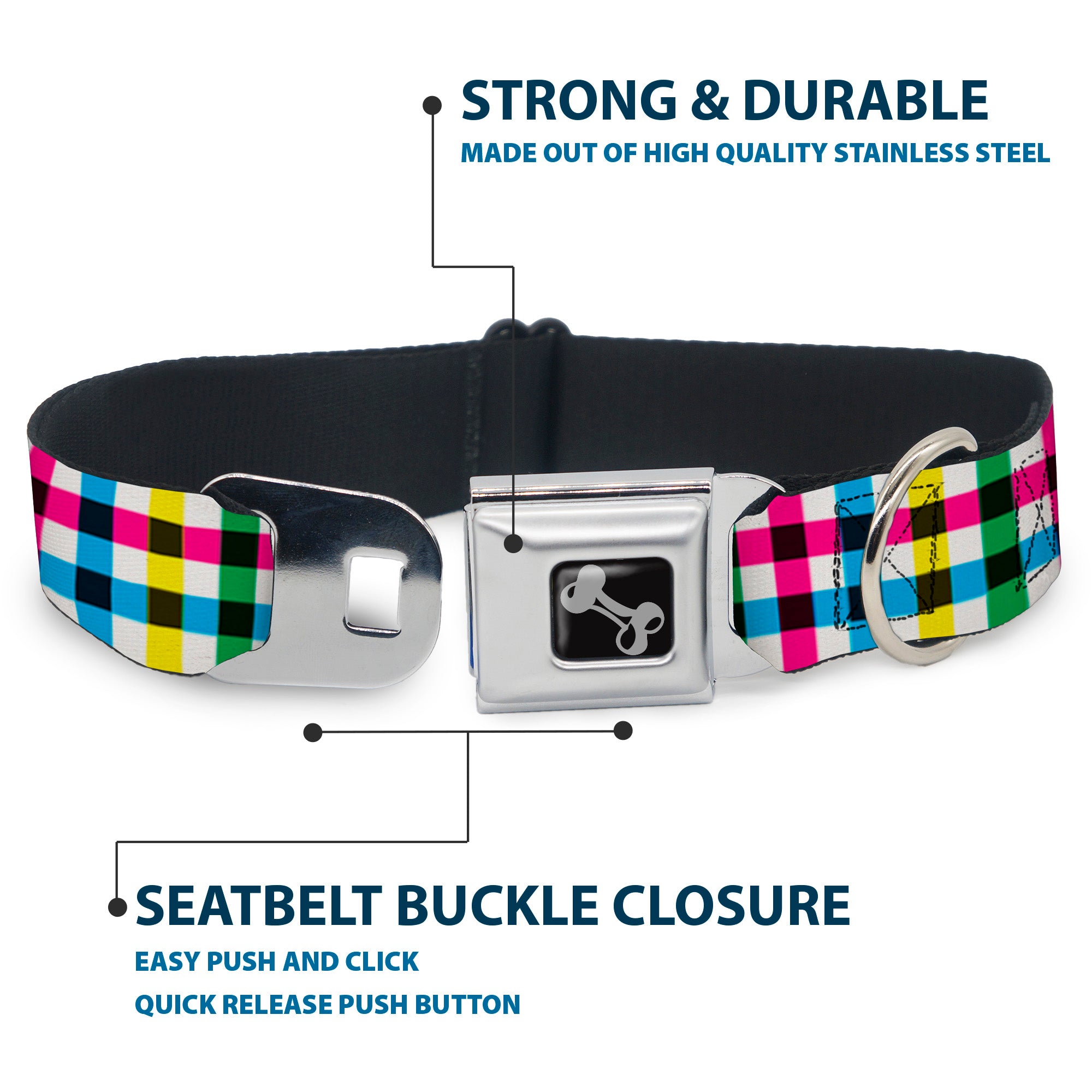 Dog Bone Seatbelt Buckle Collar - Buffalo Plaid White/Multi Color Seatbelt Buckle Collars Buckle-Down