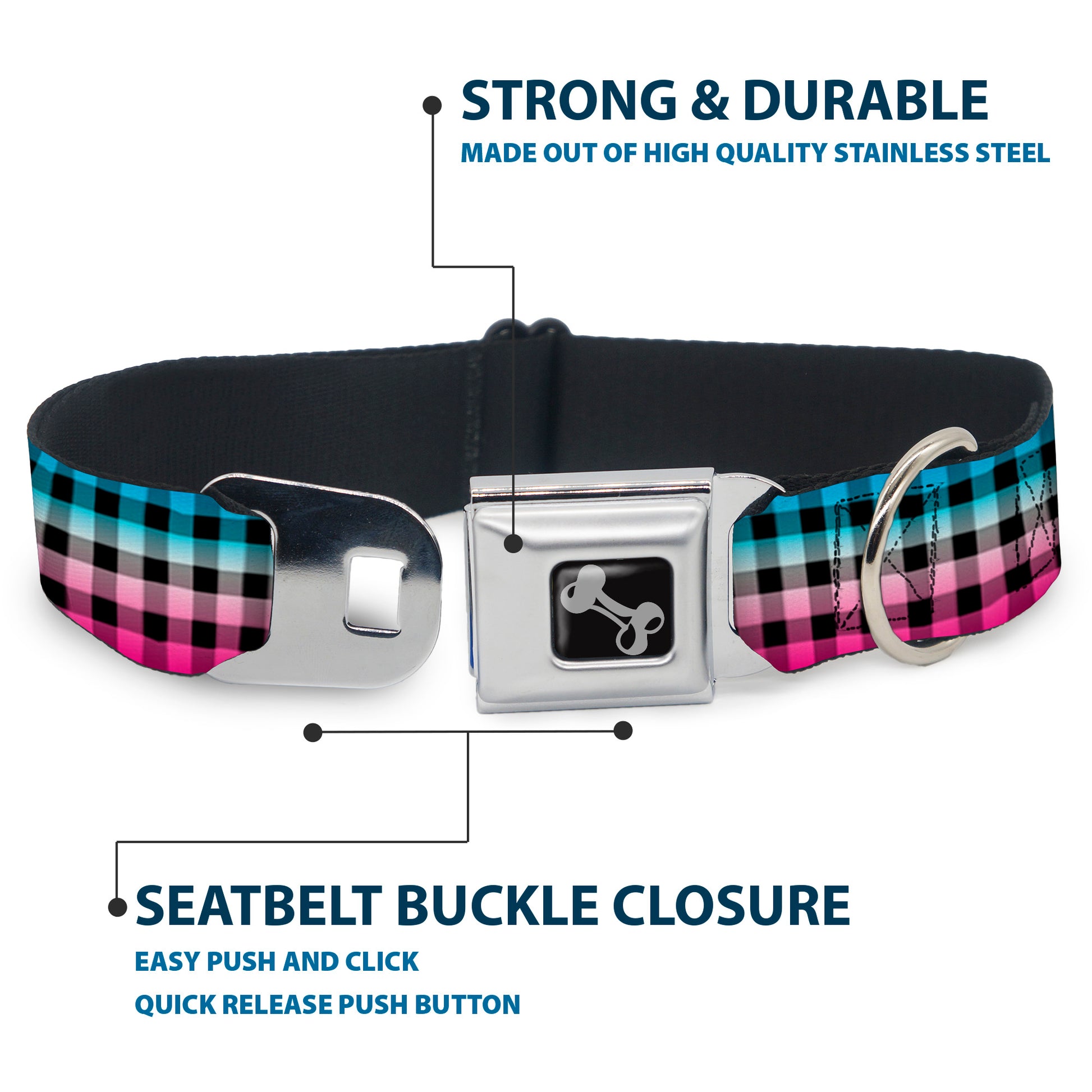 Dog Bone Seatbelt Buckle Collar - Buffalo Plaid Turquoise/Fuchsia Fade Seatbelt Buckle Collars Buckle-Down