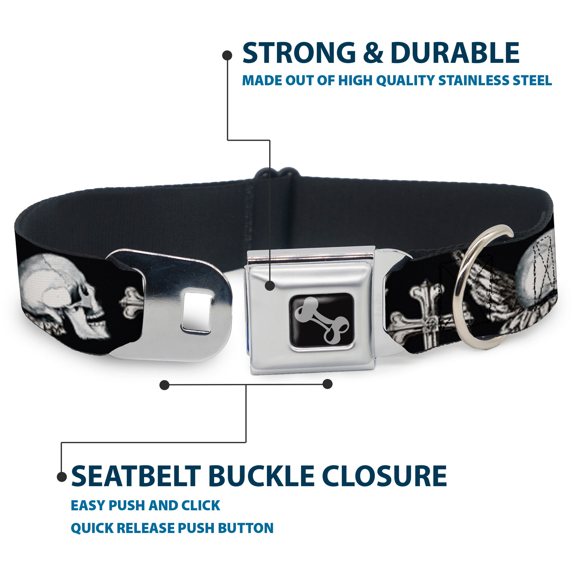 Dog Bone Seatbelt Buckle Collar - BD Skulls w/Wings Black/White Seatbelt Buckle Collars Buckle-Down