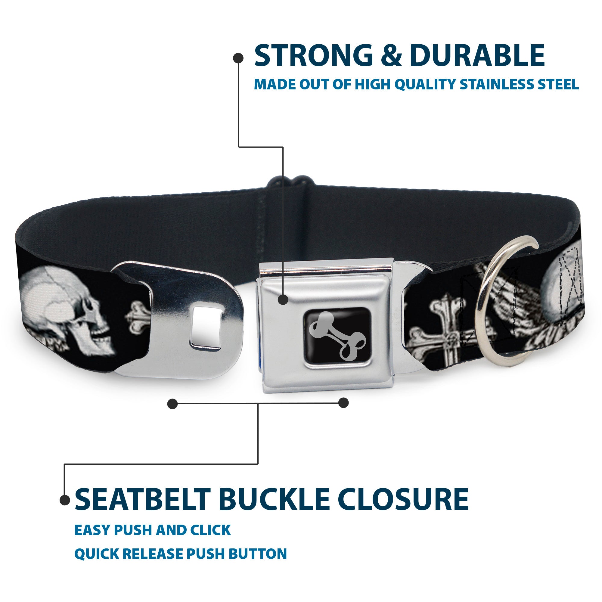 Dog Bone Seatbelt Buckle Collar - BD Skulls w/Wings Black/White Seatbelt Buckle Collars Buckle-Down