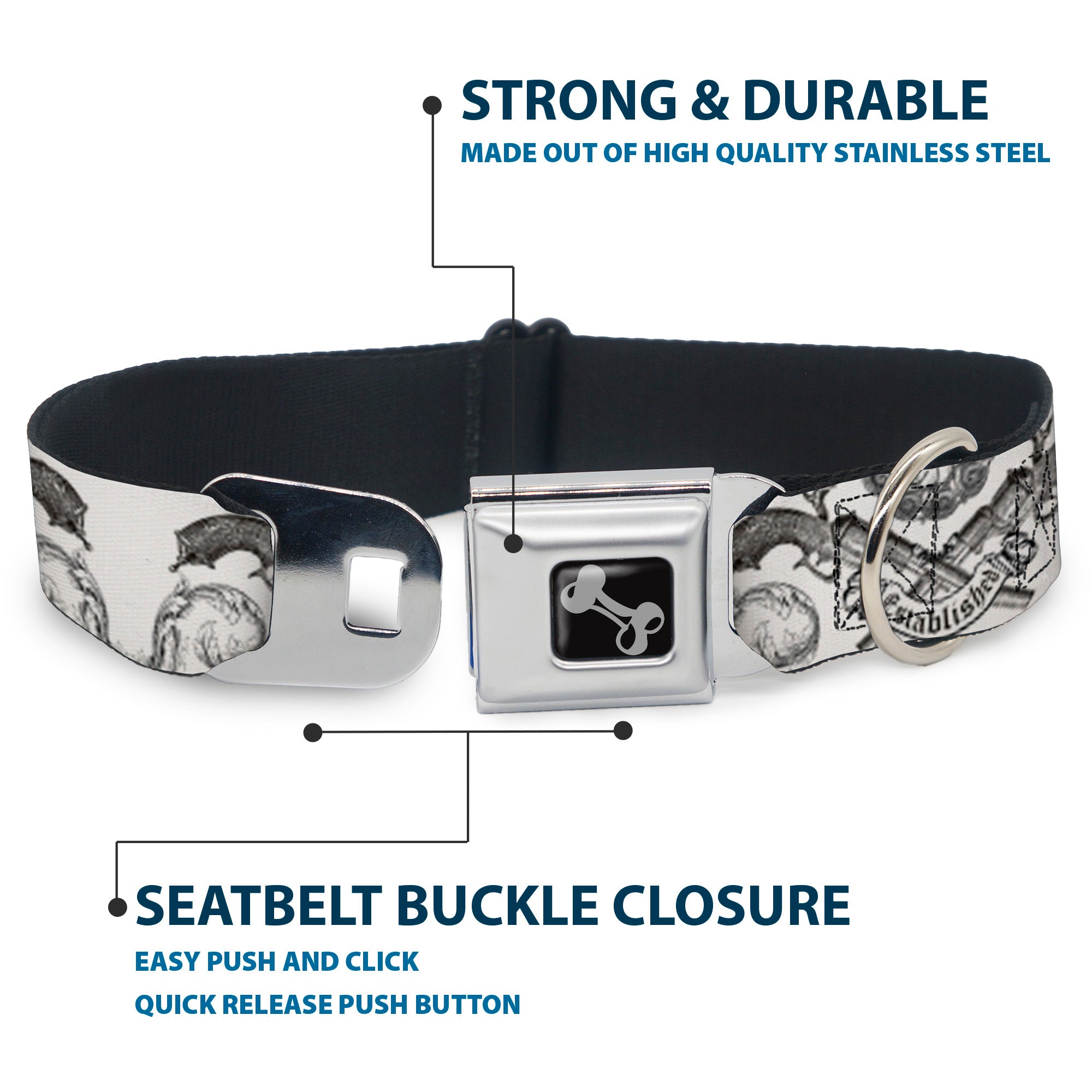 Dog Bone Seatbelt Buckle Collar - BD Est. 93 White Seatbelt Buckle Collars Buckle-Down