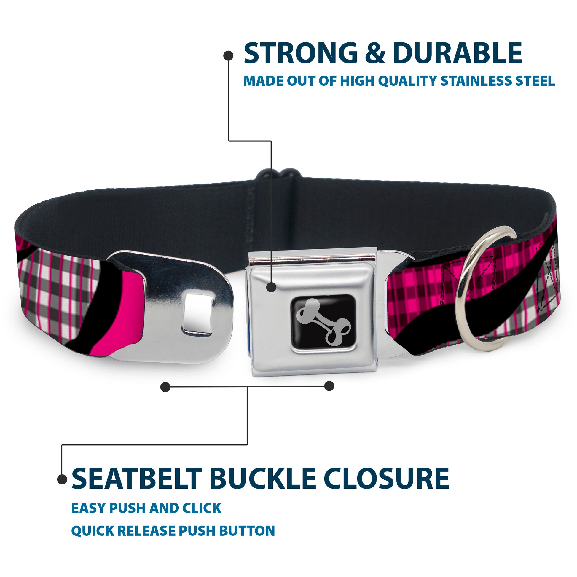 Dog Bone Seatbelt Buckle Collar - Buffalo Plaid Abstract White/Black/Fuchsia Seatbelt Buckle Collars Buckle-Down