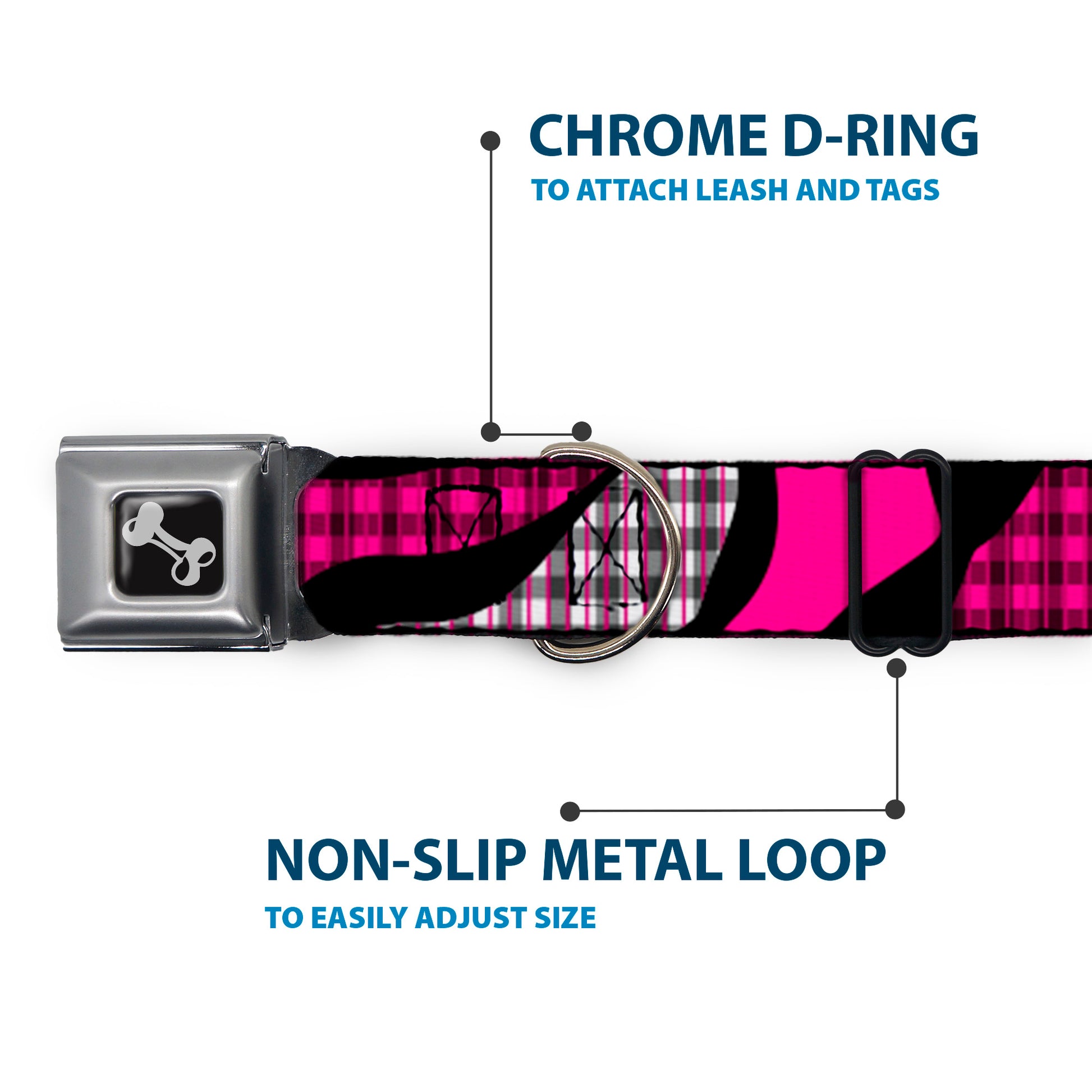 Dog Bone Seatbelt Buckle Collar - Buffalo Plaid Abstract White/Black/Fuchsia Seatbelt Buckle Collars Buckle-Down