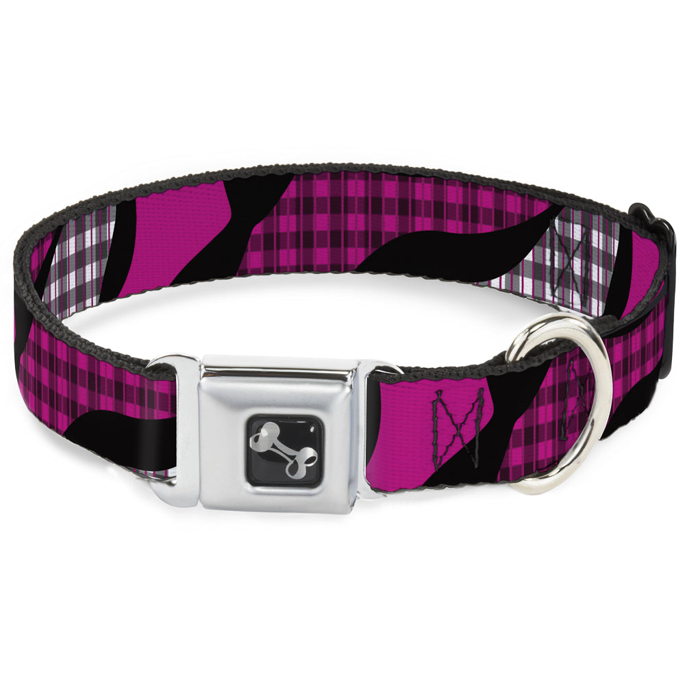 Dog Bone Seatbelt Buckle Collar - Buffalo Plaid Abstract White/Black/Fuchsia Seatbelt Buckle Collars Buckle-Down