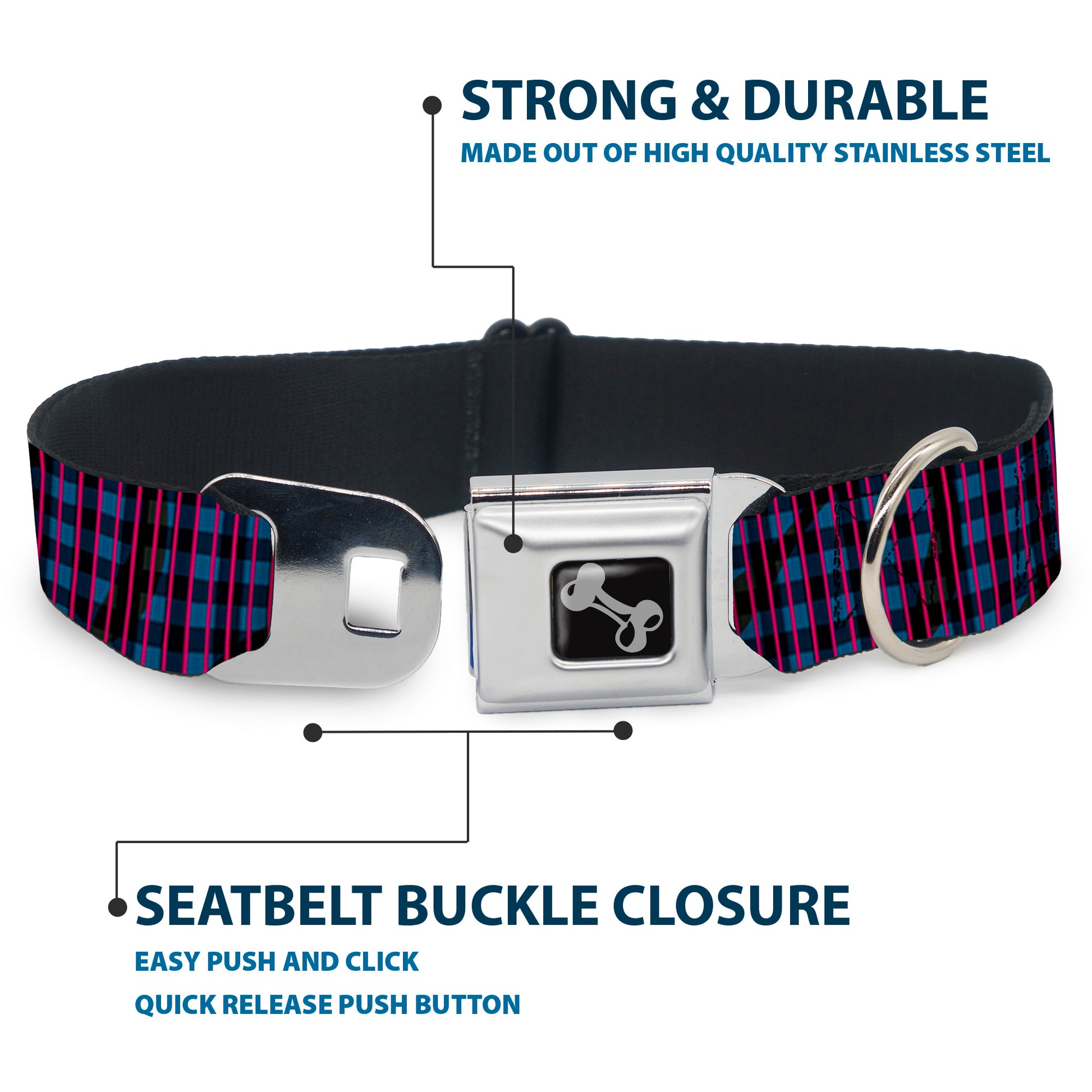 Dog Bone Seatbelt Buckle Collar - Buffalo Plaid Abstract White/Black/Turquoise Seatbelt Buckle Collars Buckle-Down