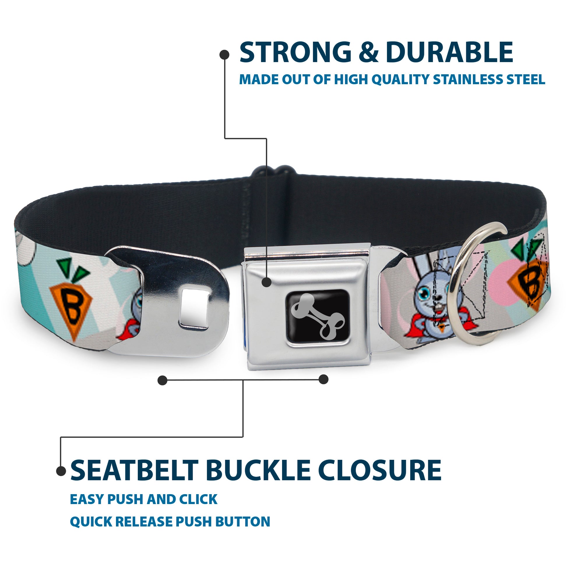 Dog Bone Seatbelt Buckle Collar - Bunny Superhero Multi Pastel Seatbelt Buckle Collars Buckle-Down