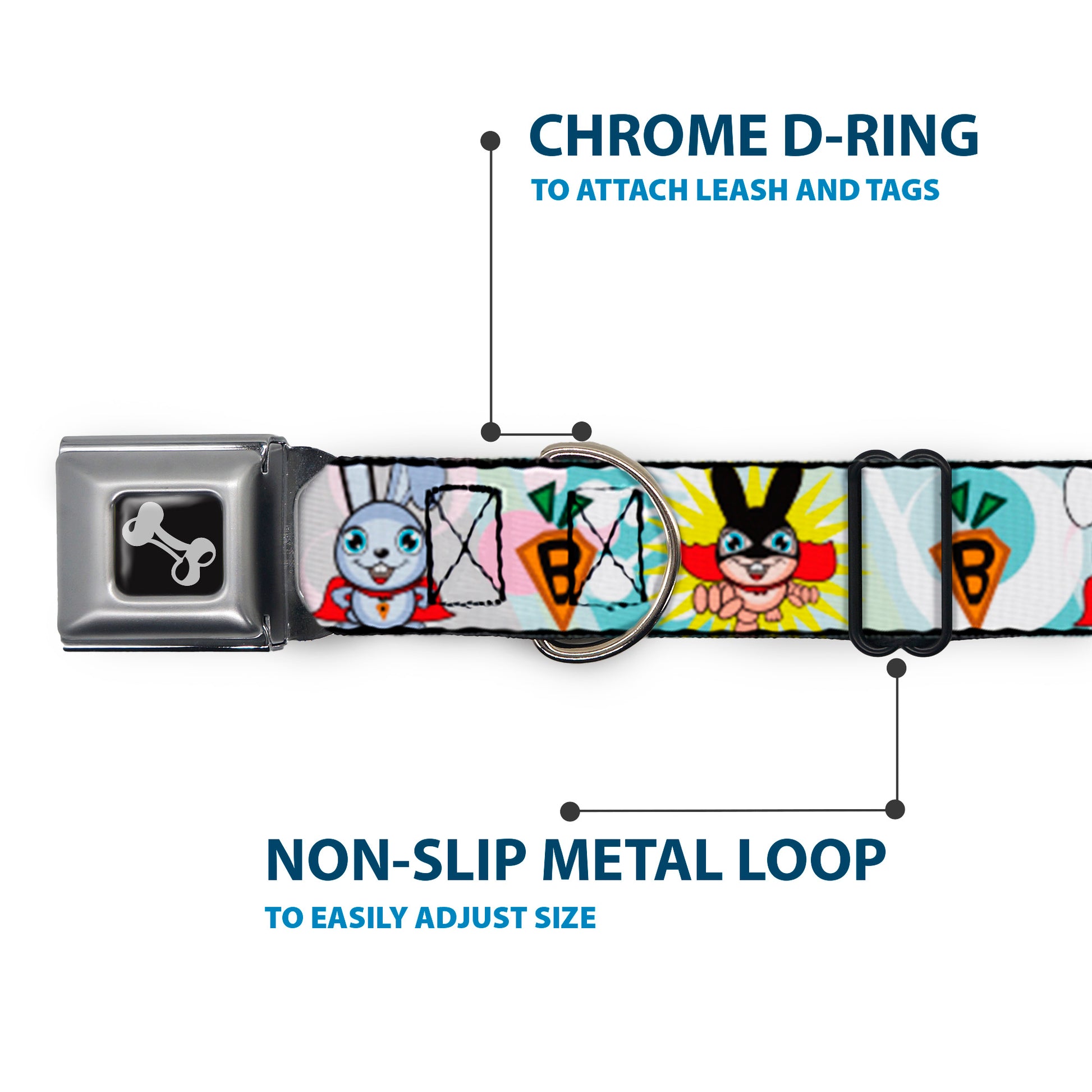 Dog Bone Seatbelt Buckle Collar - Bunny Superhero Multi Pastel Seatbelt Buckle Collars Buckle-Down