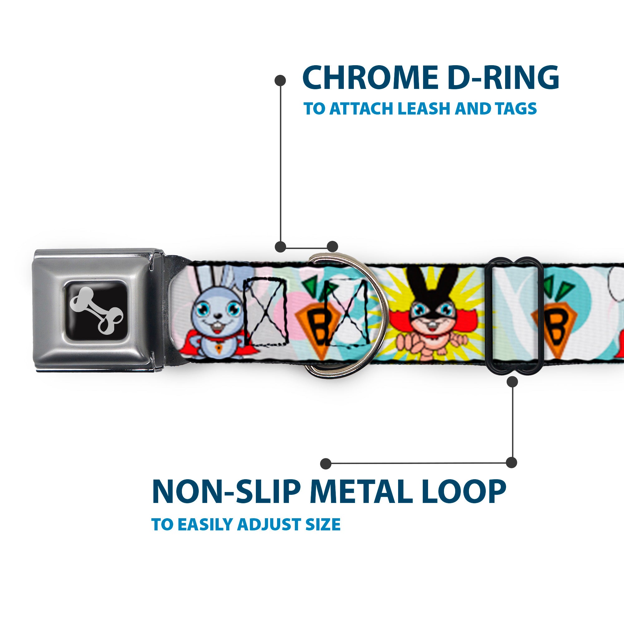 Dog Bone Seatbelt Buckle Collar - Bunny Superhero Multi Pastel Seatbelt Buckle Collars Buckle-Down