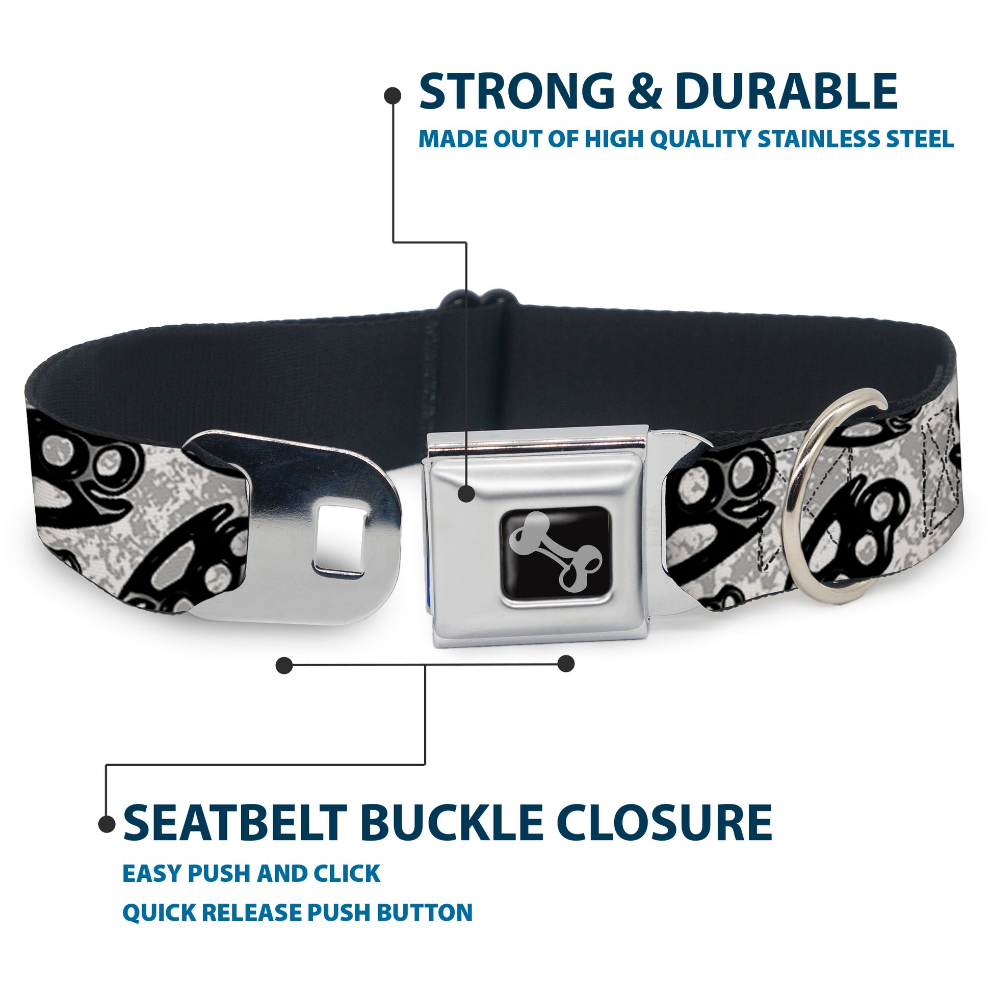 Buckle-Down Seatbelt Buckle Dog Collar - Brass Knuckles White/Gray/Black Seatbelt Buckle Collars Buckle-Down