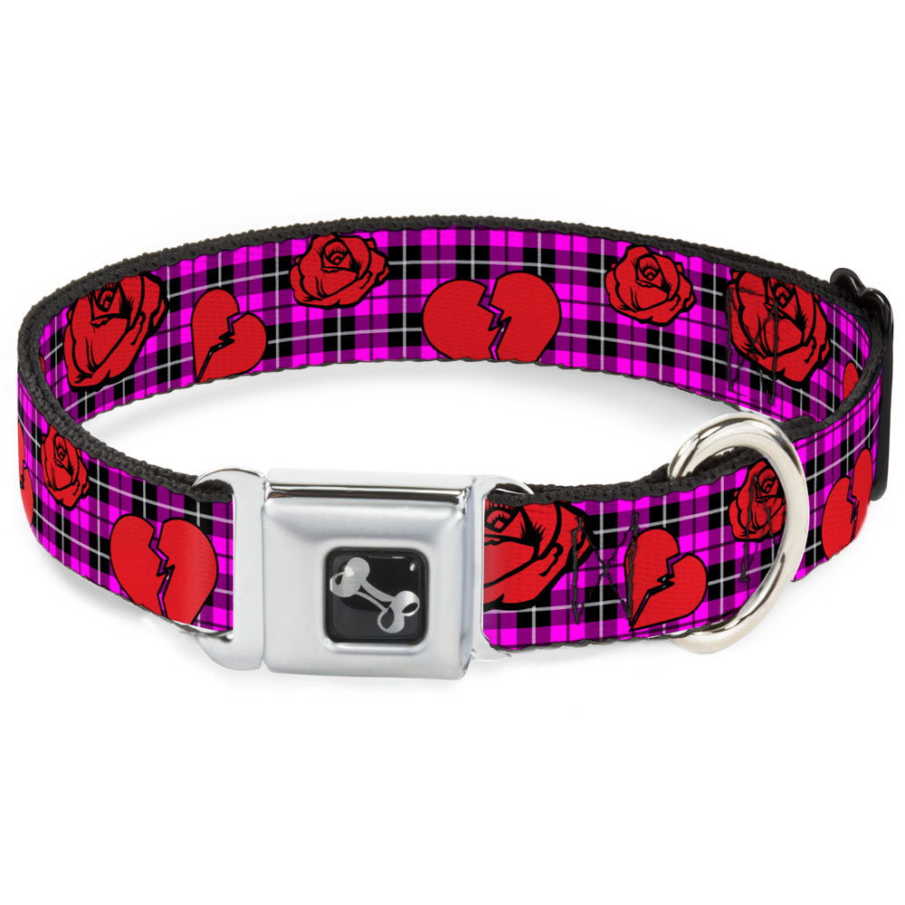 Dog Bone Seatbelt Buckle Collar - Broken Hearts & Roses w/Fuchsia Plaid Seatbelt Buckle Collars Buckle-Down