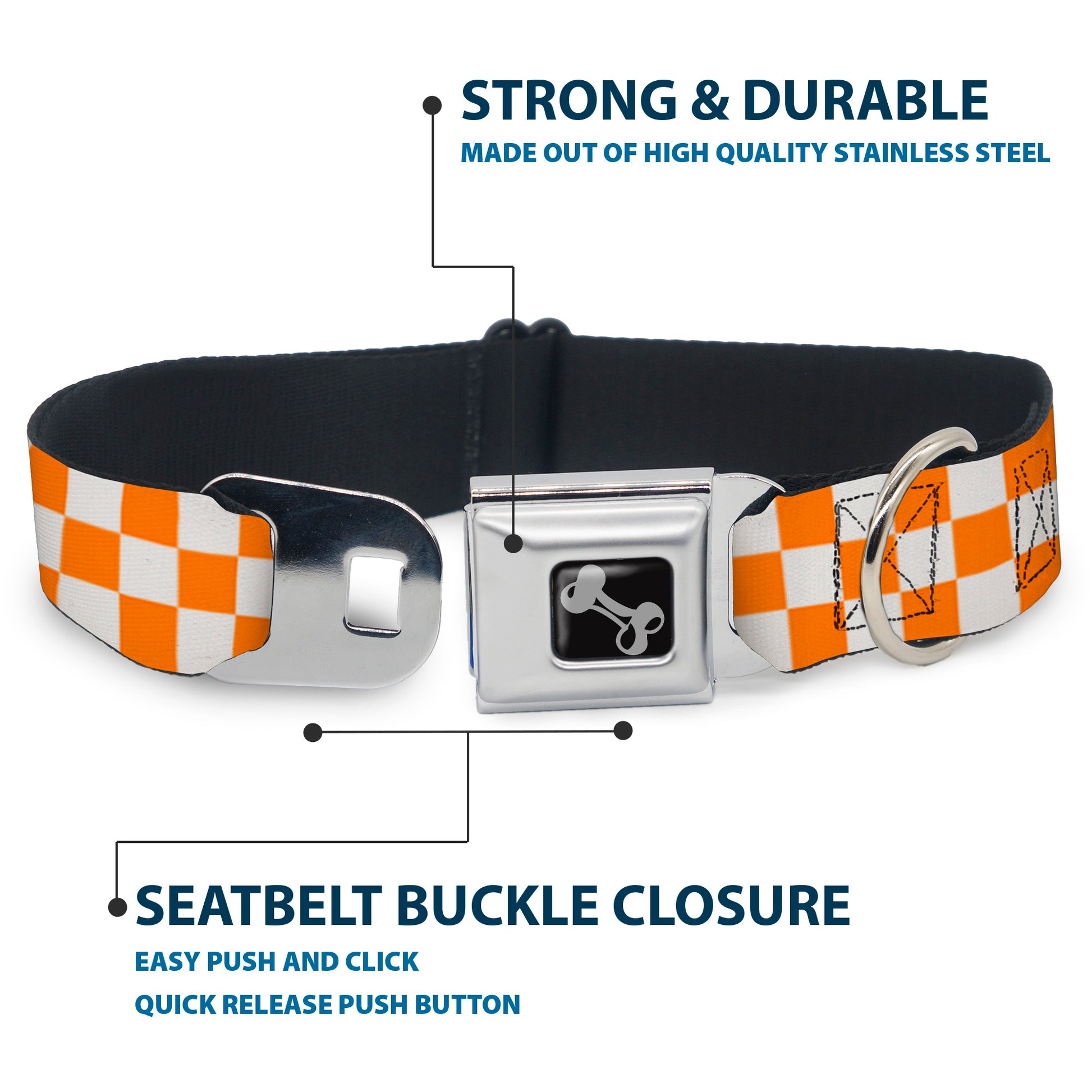 Dog Bone Seatbelt Buckle Collar - Checker White/TN Orange Seatbelt Buckle Collars Buckle-Down
