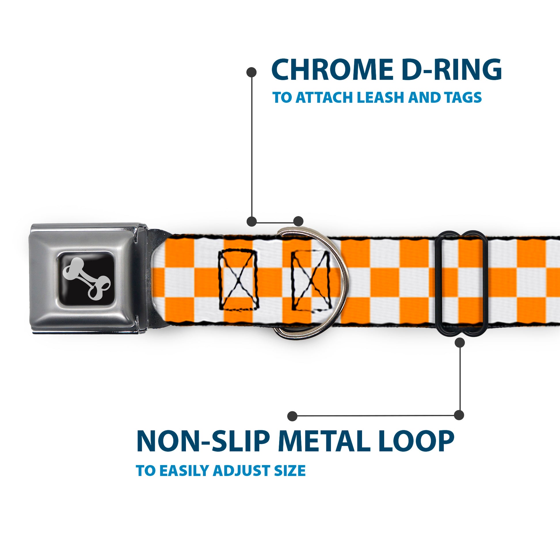 Dog Bone Seatbelt Buckle Collar - Checker White/TN Orange Seatbelt Buckle Collars Buckle-Down