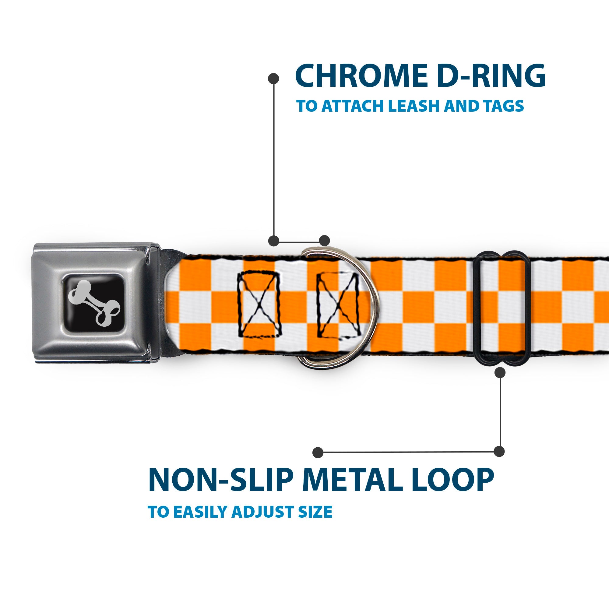 Dog Bone Seatbelt Buckle Collar - Checker White/TN Orange Seatbelt Buckle Collars Buckle-Down