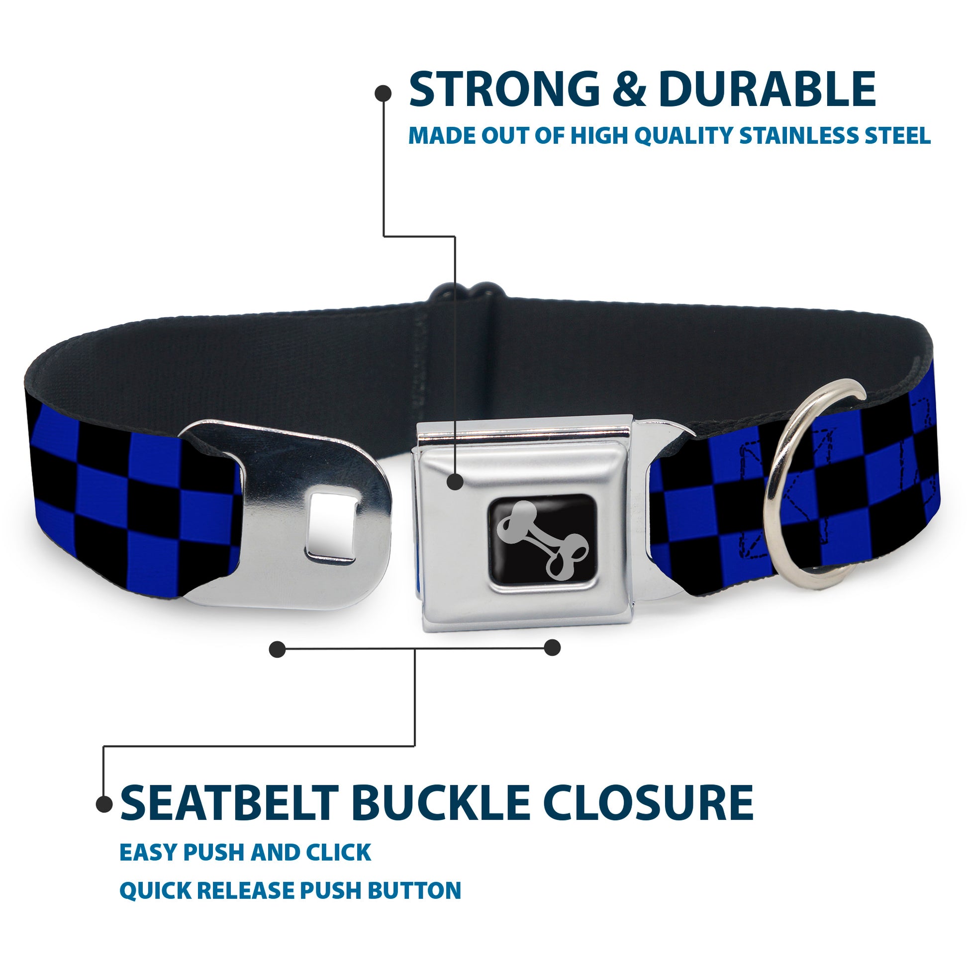 Dog Bone Seatbelt Buckle Collar - Checker Black/Neon Blue Seatbelt Buckle Collars Buckle-Down