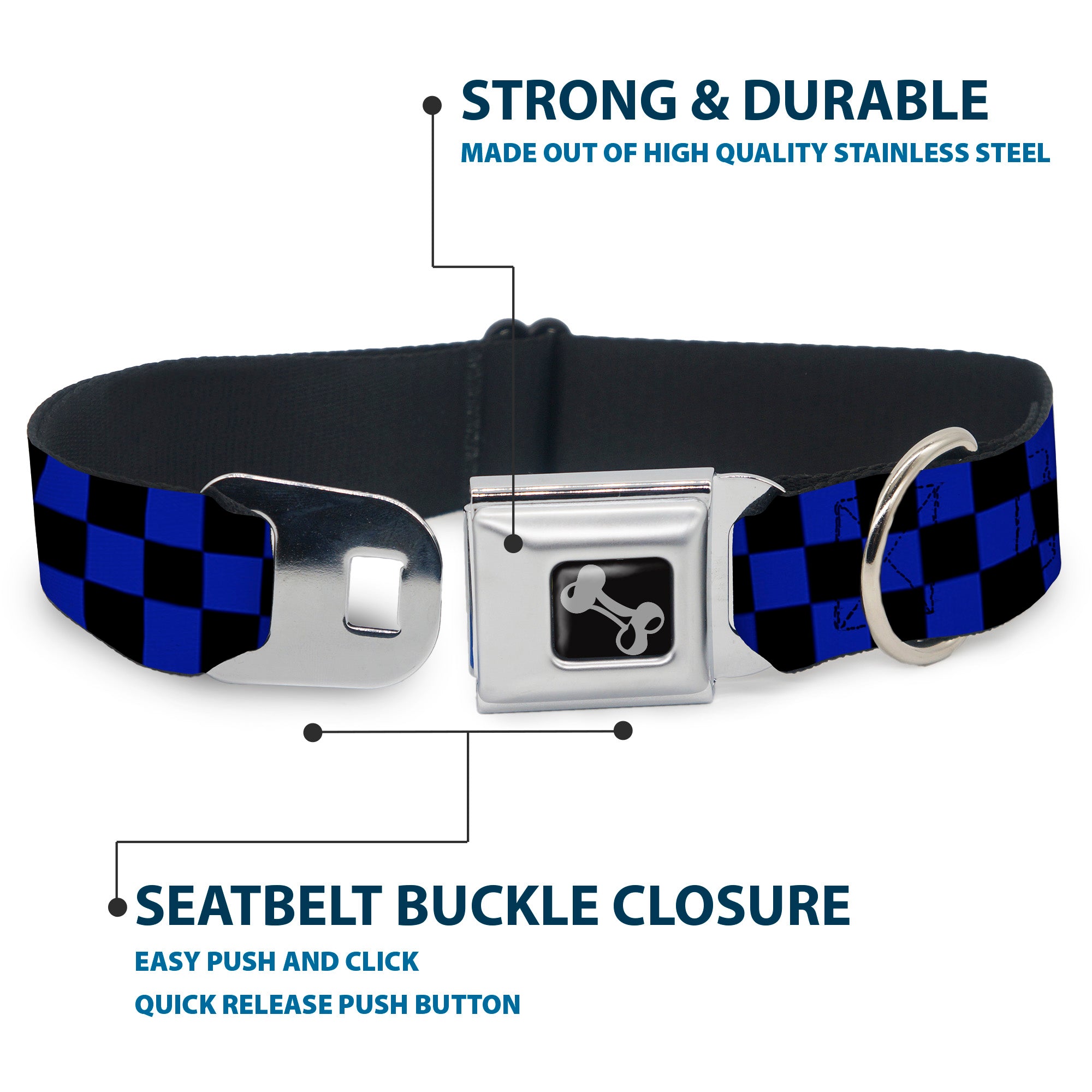 Dog Bone Seatbelt Buckle Collar - Checker Black/Neon Blue Seatbelt Buckle Collars Buckle-Down