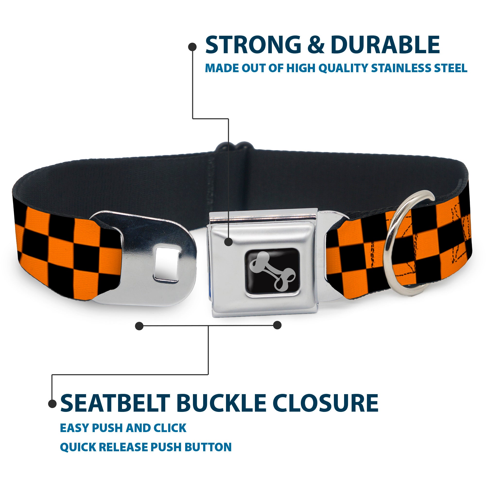 Dog Bone Seatbelt Buckle Collar - Checker Black/Neon Orange Seatbelt Buckle Collars Buckle-Down