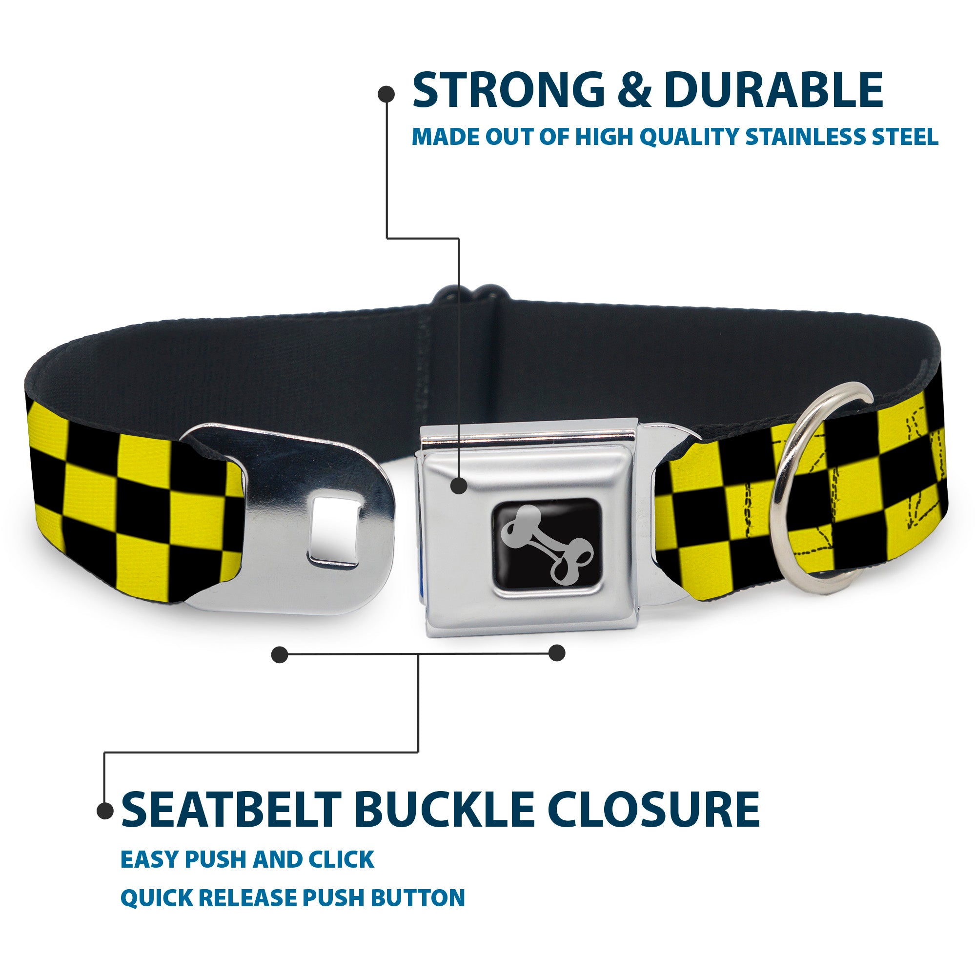 Dog Bone Seatbelt Buckle Collar - Checker Black/Neon Yellow Seatbelt Buckle Collars Buckle-Down