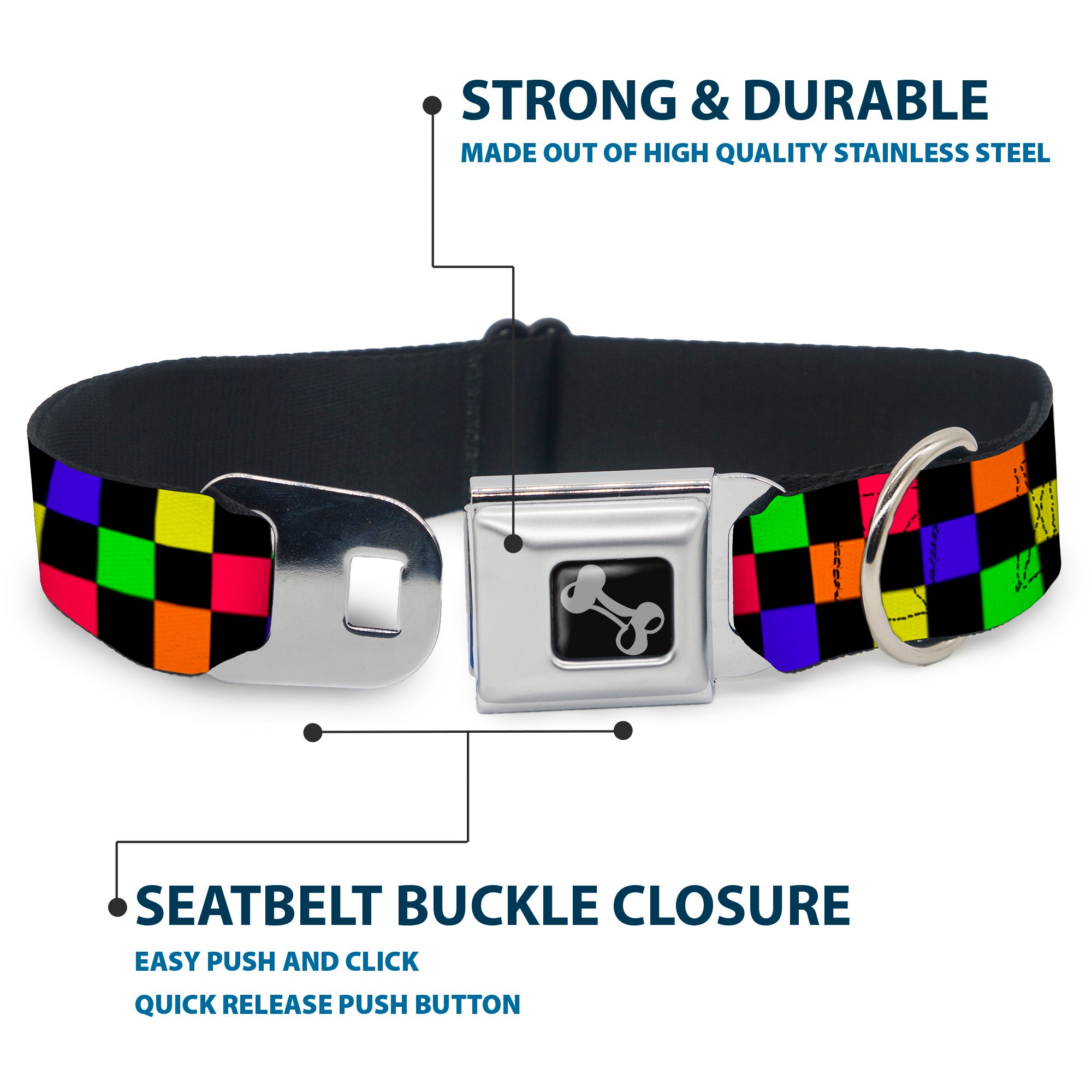 Dog Bone Seatbelt Buckle Collar - Checker Black/Multi Neon Seatbelt Buckle Collars Buckle-Down