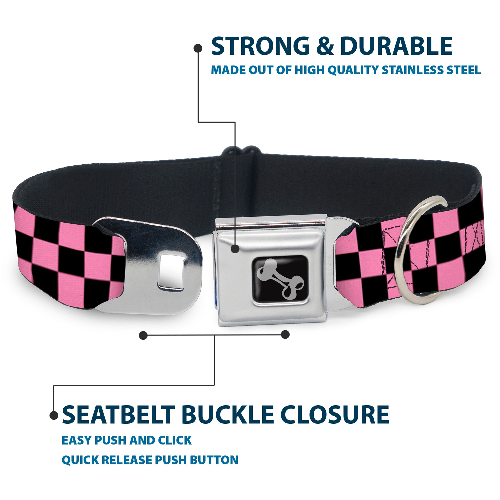 Dog Bone Seatbelt Buckle Collar - Checker Black/Baby Pink Seatbelt Buckle Collars Buckle-Down