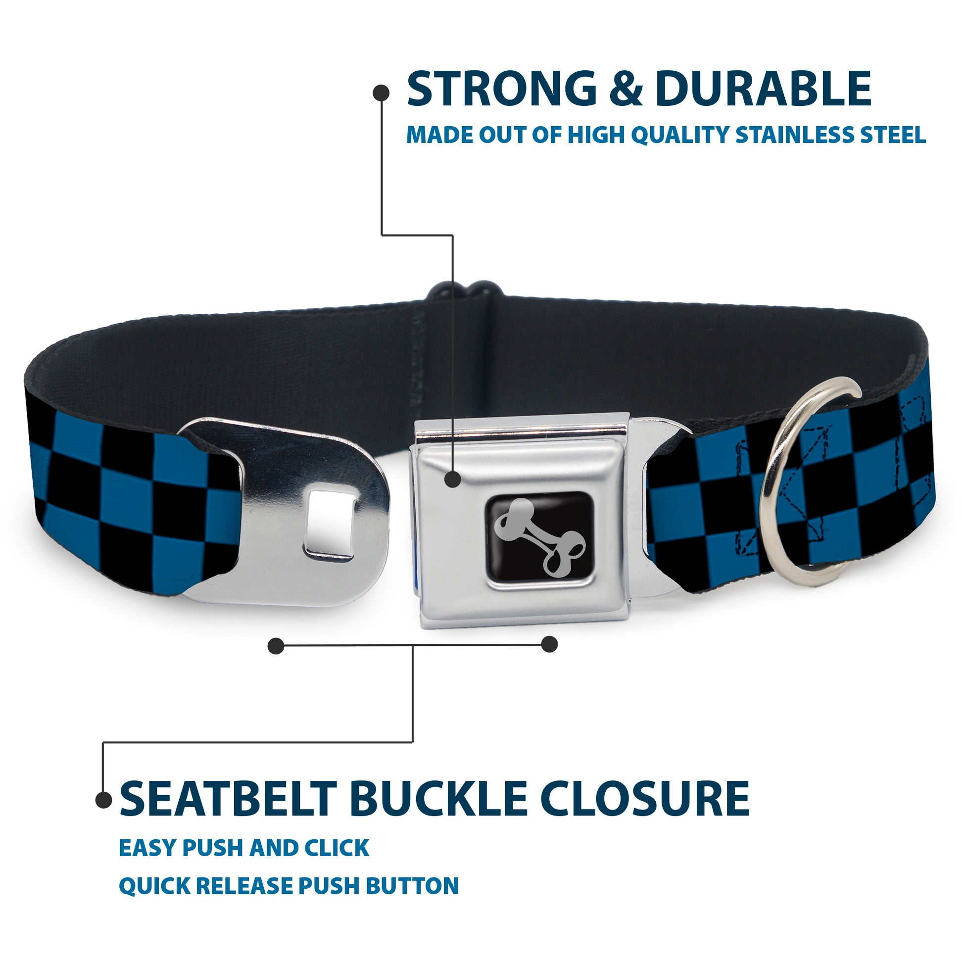 Dog Bone Seatbelt Buckle Collar - Checker Black/Turquoise Seatbelt Buckle Collars Buckle-Down