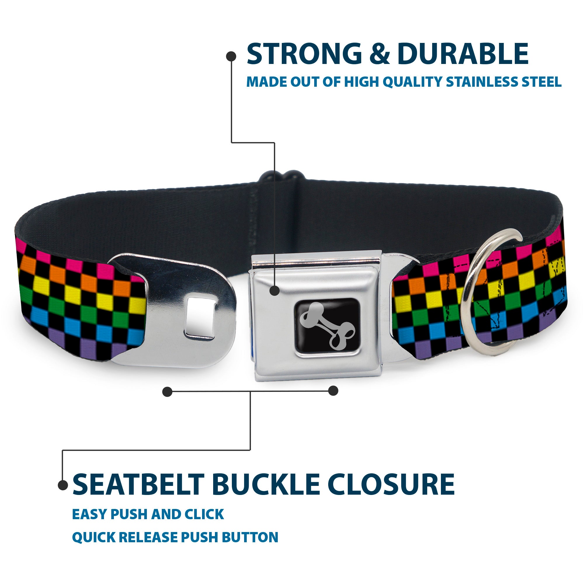 Dog Bone Seatbelt Buckle Collar - Checker Black/Neon Rainbow Seatbelt Buckle Collars Buckle-Down