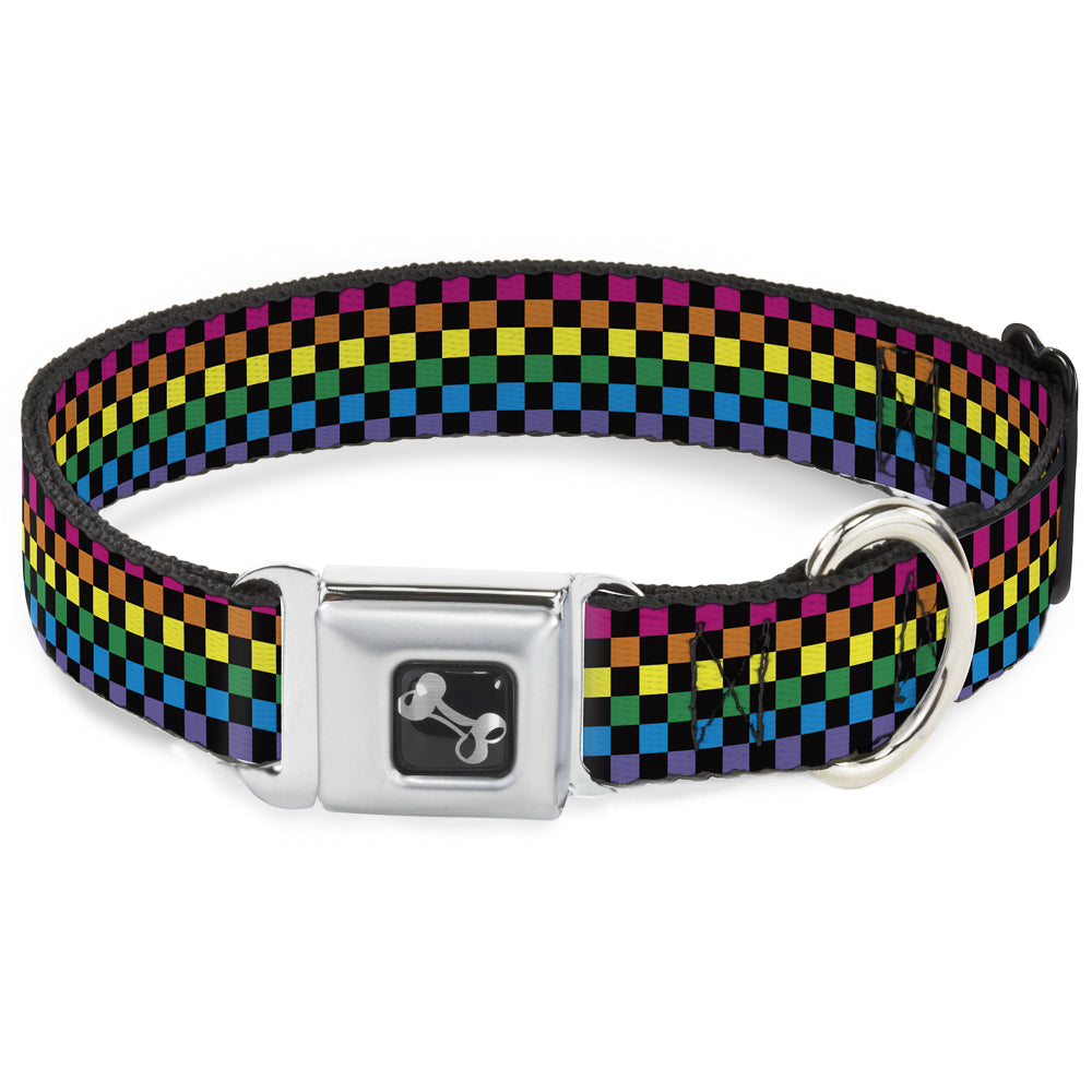 Dog Bone Seatbelt Buckle Collar - Checker Black/Neon Rainbow Seatbelt Buckle Collars Buckle-Down