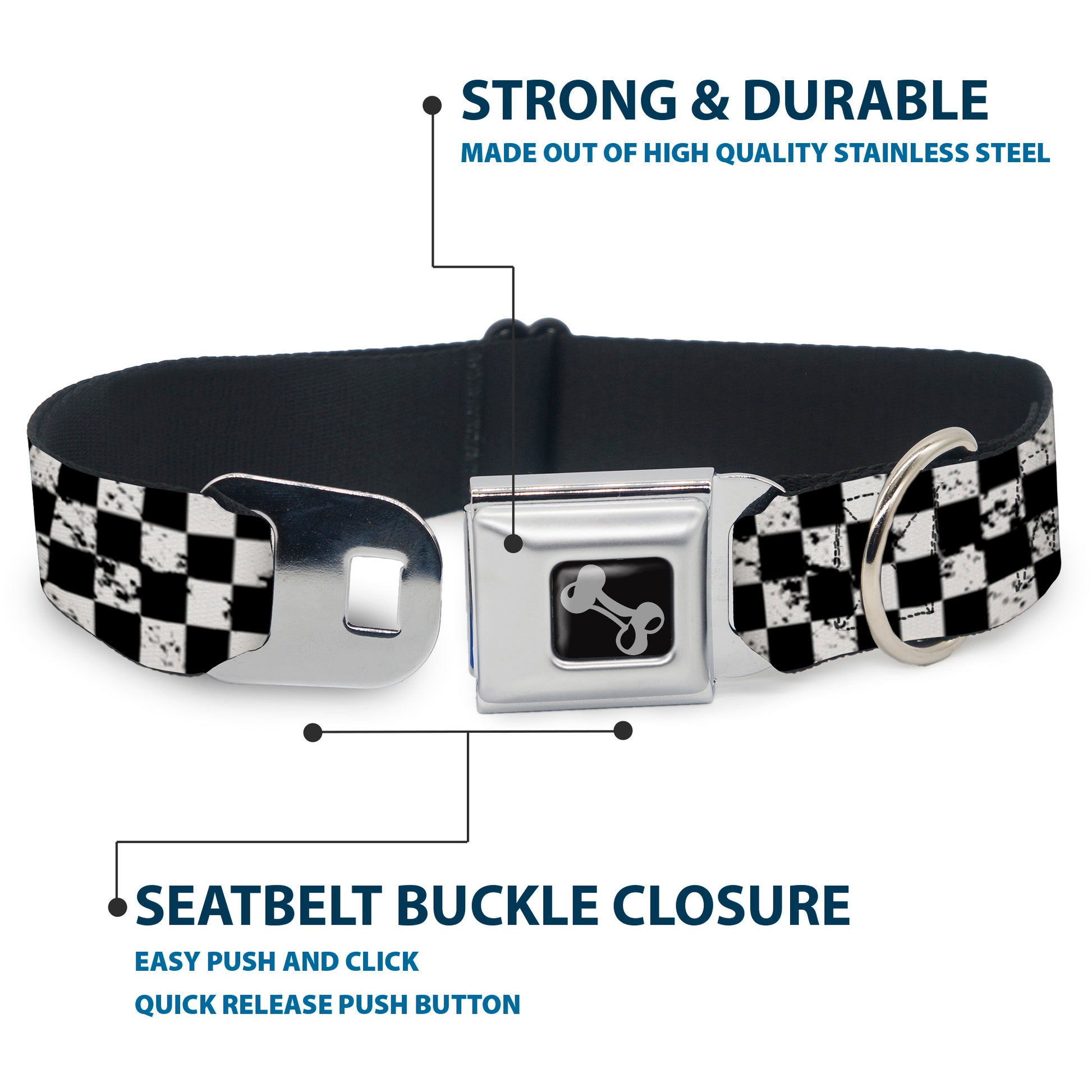 Dog Bone Seatbelt Buckle Collar - Checker Weathered Black/White Seatbelt Buckle Collars Buckle-Down
