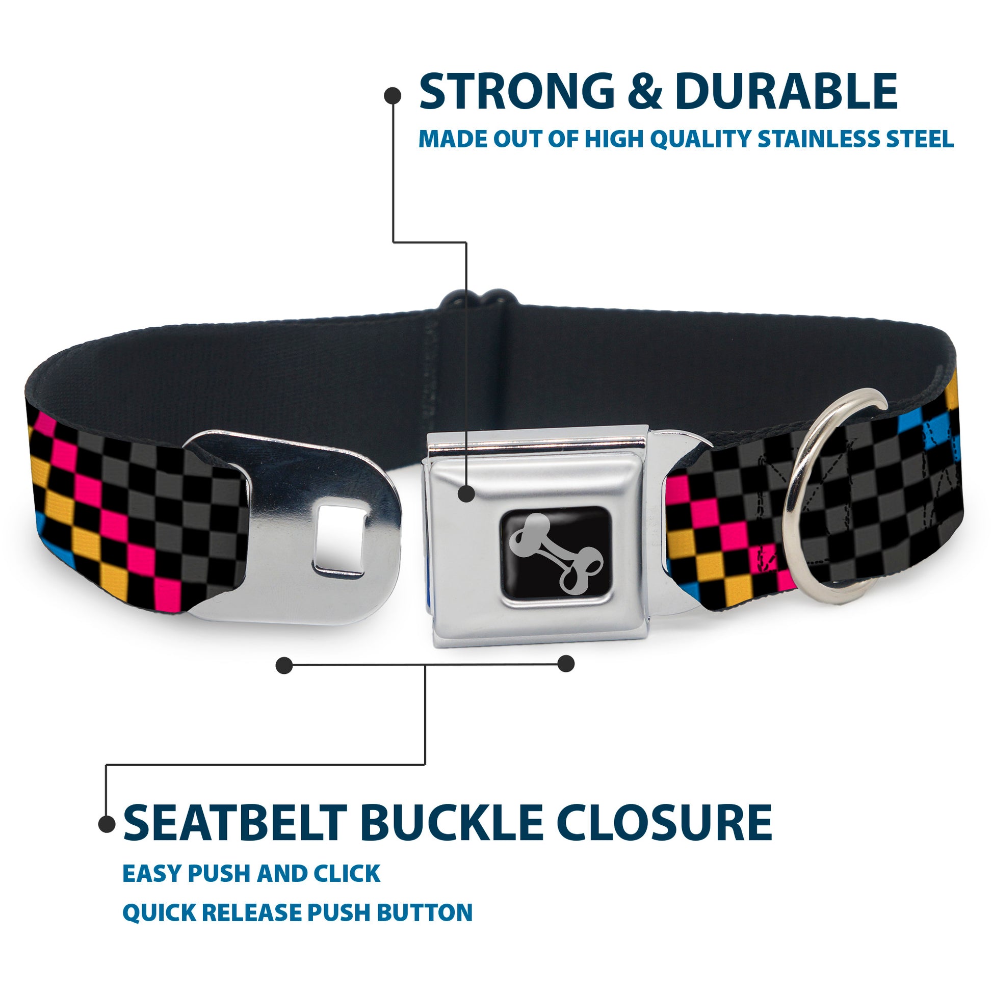 Dog Bone Seatbelt Buckle Collar - Checker Stripe Black/Gray/Blue/Gold/Pink Seatbelt Buckle Collars Buckle-Down