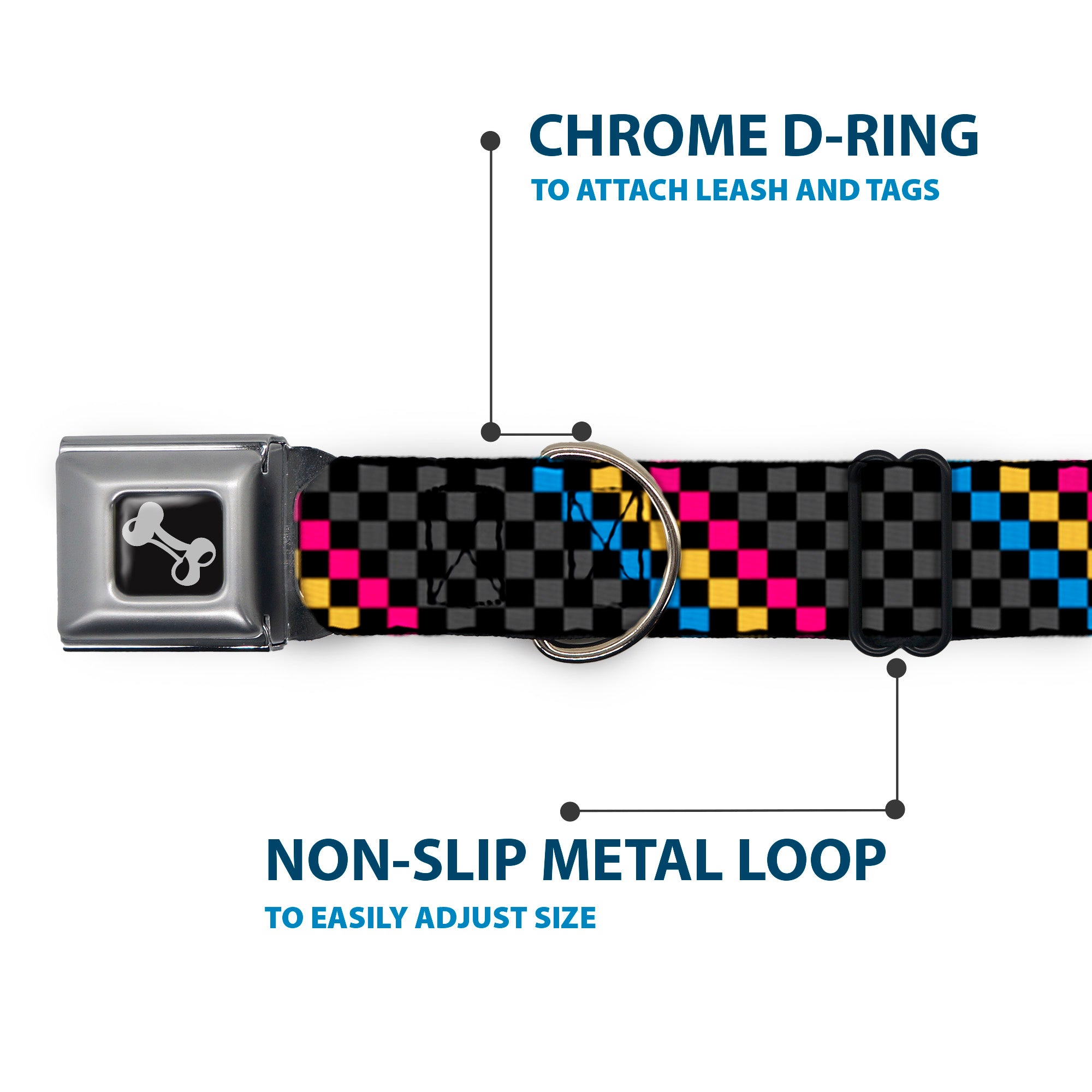 Dog Bone Seatbelt Buckle Collar - Checker Stripe Black/Gray/Blue/Gold/Pink Seatbelt Buckle Collars Buckle-Down