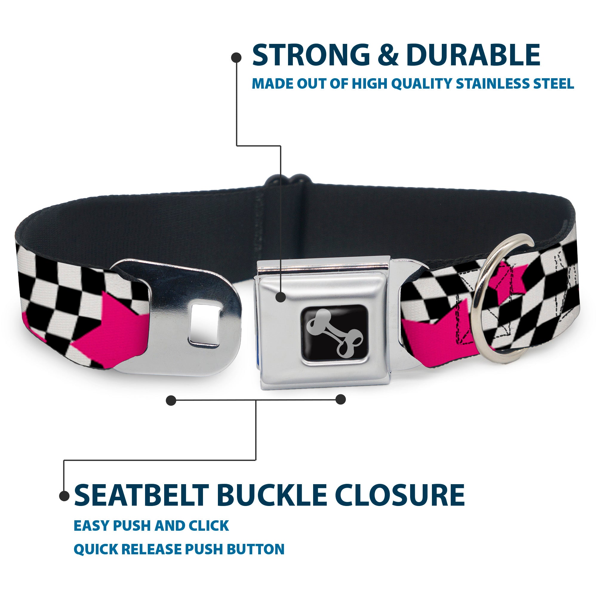 Dog Bone Seatbelt Buckle Collar - Checker & Stars Black/White/Pink Seatbelt Buckle Collars Buckle-Down