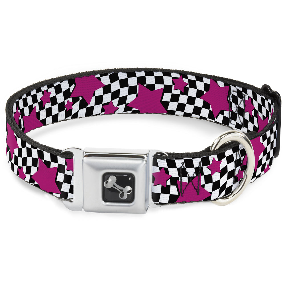Dog Bone Seatbelt Buckle Collar - Checker & Stars Black/White/Pink Seatbelt Buckle Collars Buckle-Down