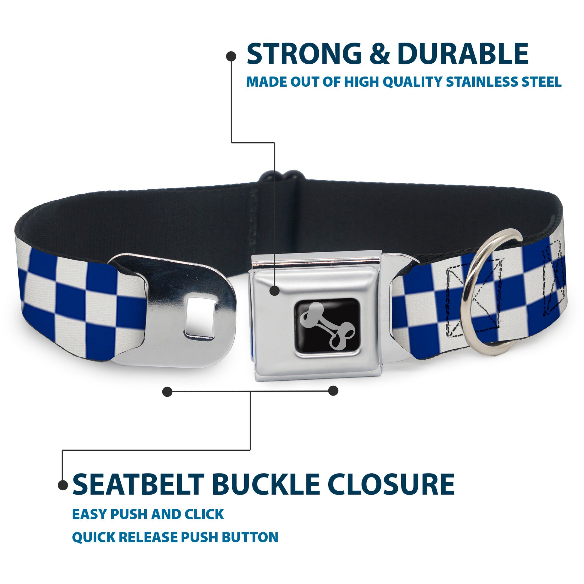 Dog Bone Seatbelt Buckle Collar - Checker BlueKU/White Seatbelt Buckle Collars Buckle-Down