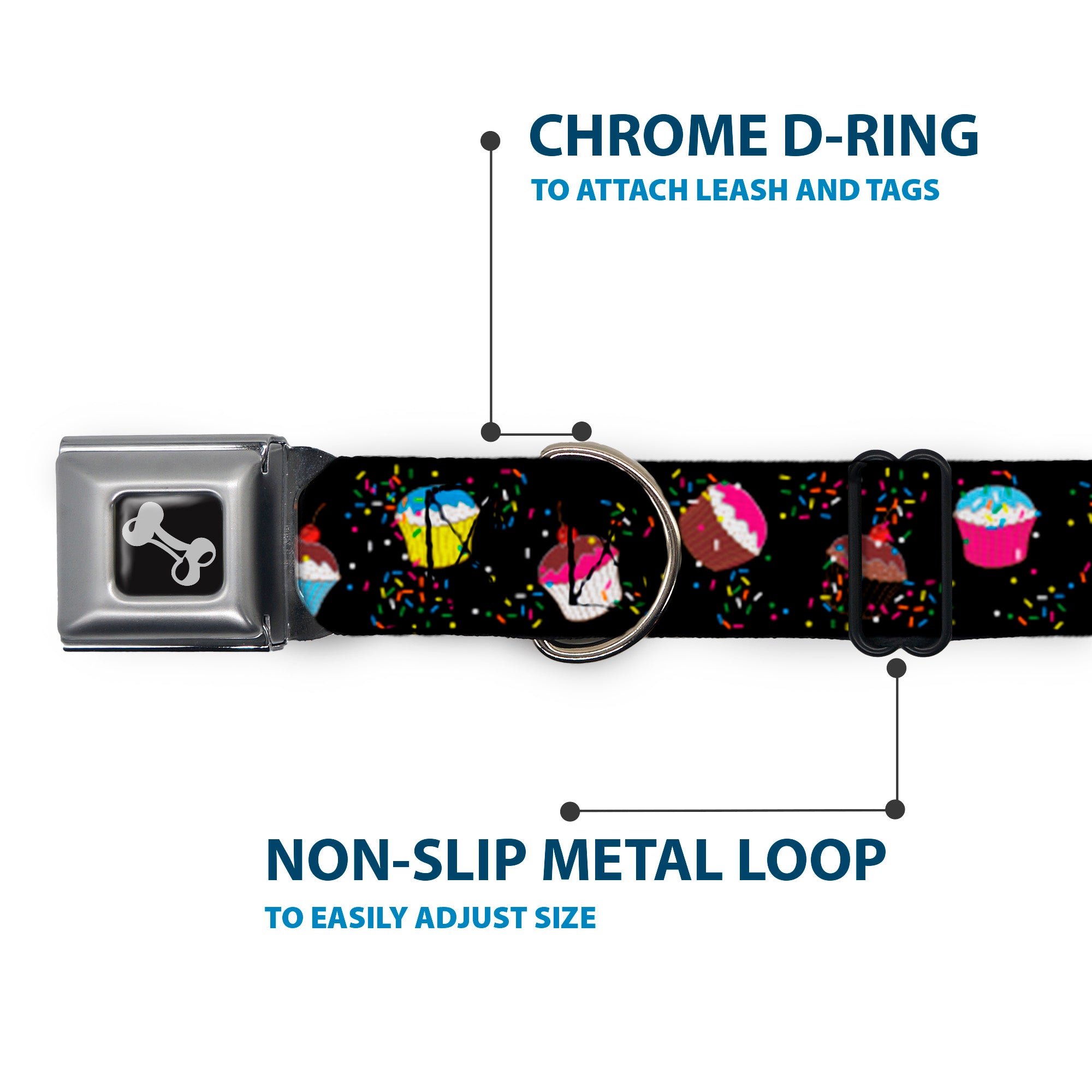 Dog Bone Seatbelt Buckle Collar - Cupcake Sprinkles Black/Multi Color Seatbelt Buckle Collars Buckle-Down