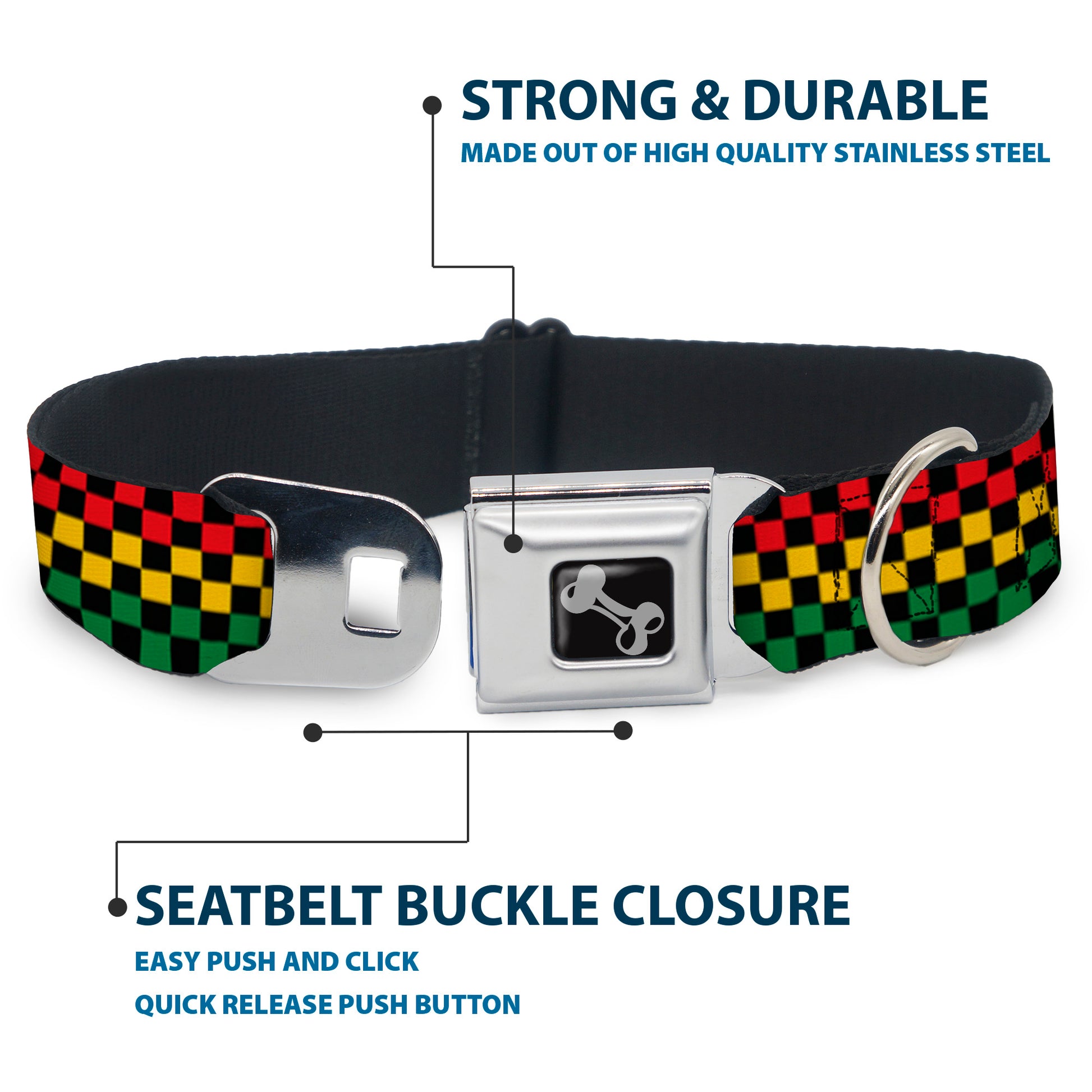Dog Bone Seatbelt Buckle Collar - Checker Black/Rasta Seatbelt Buckle Collars Buckle-Down