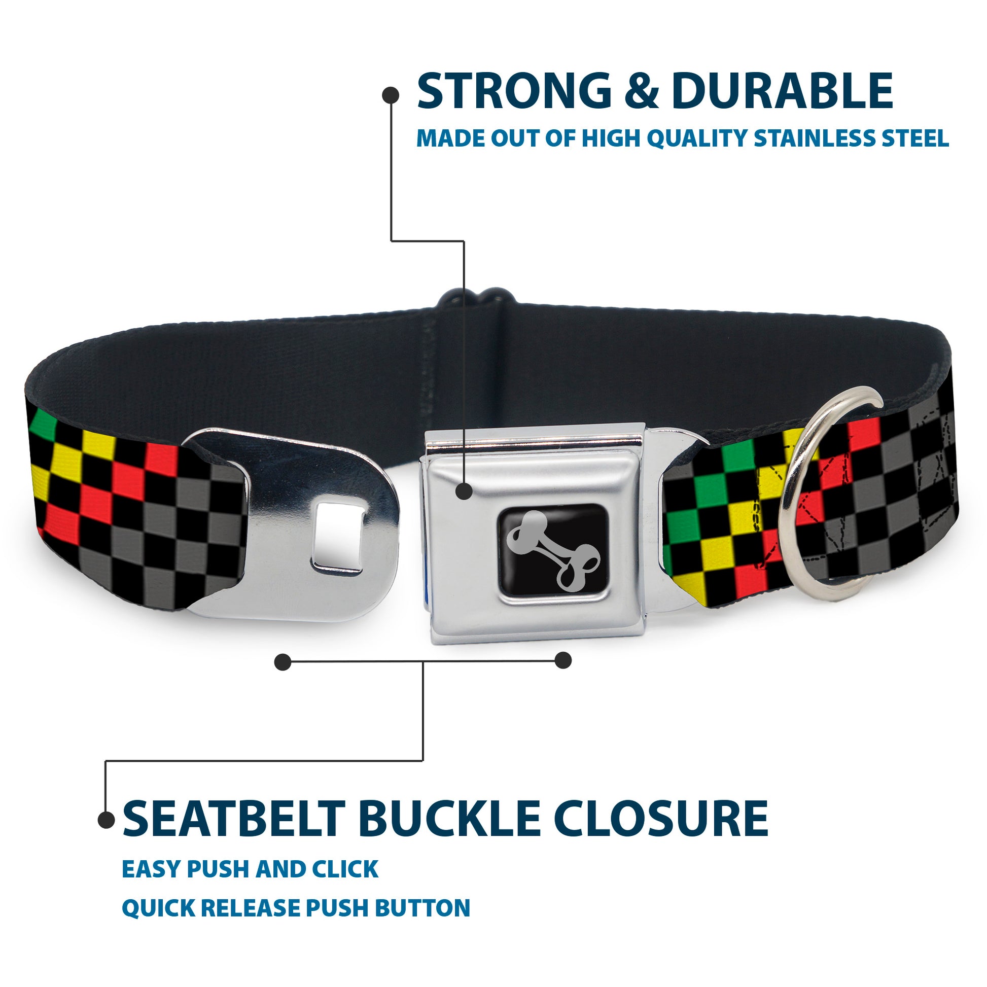 Dog Bone Seatbelt Buckle Collar - Checker Stripe Black/Gray/Rasta Seatbelt Buckle Collars Buckle-Down