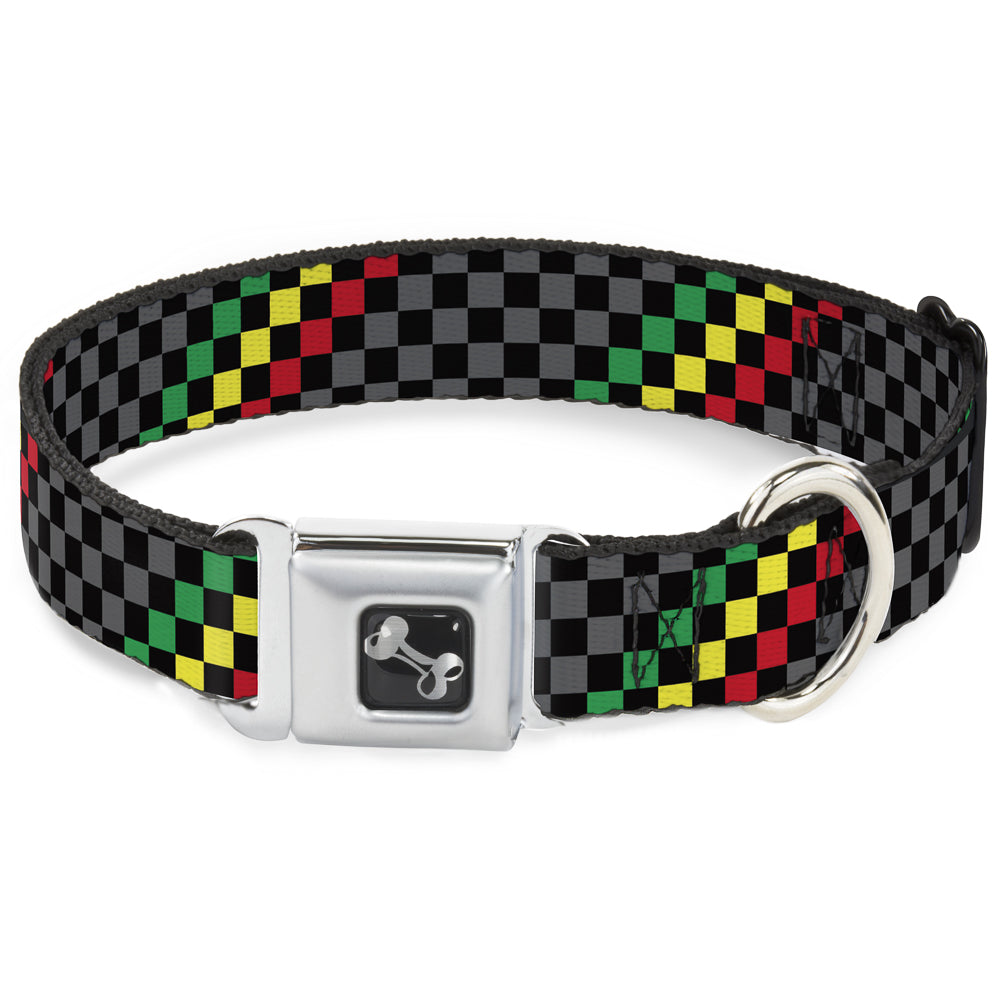 Dog Bone Seatbelt Buckle Collar - Checker Stripe Black/Gray/Rasta Seatbelt Buckle Collars Buckle-Down