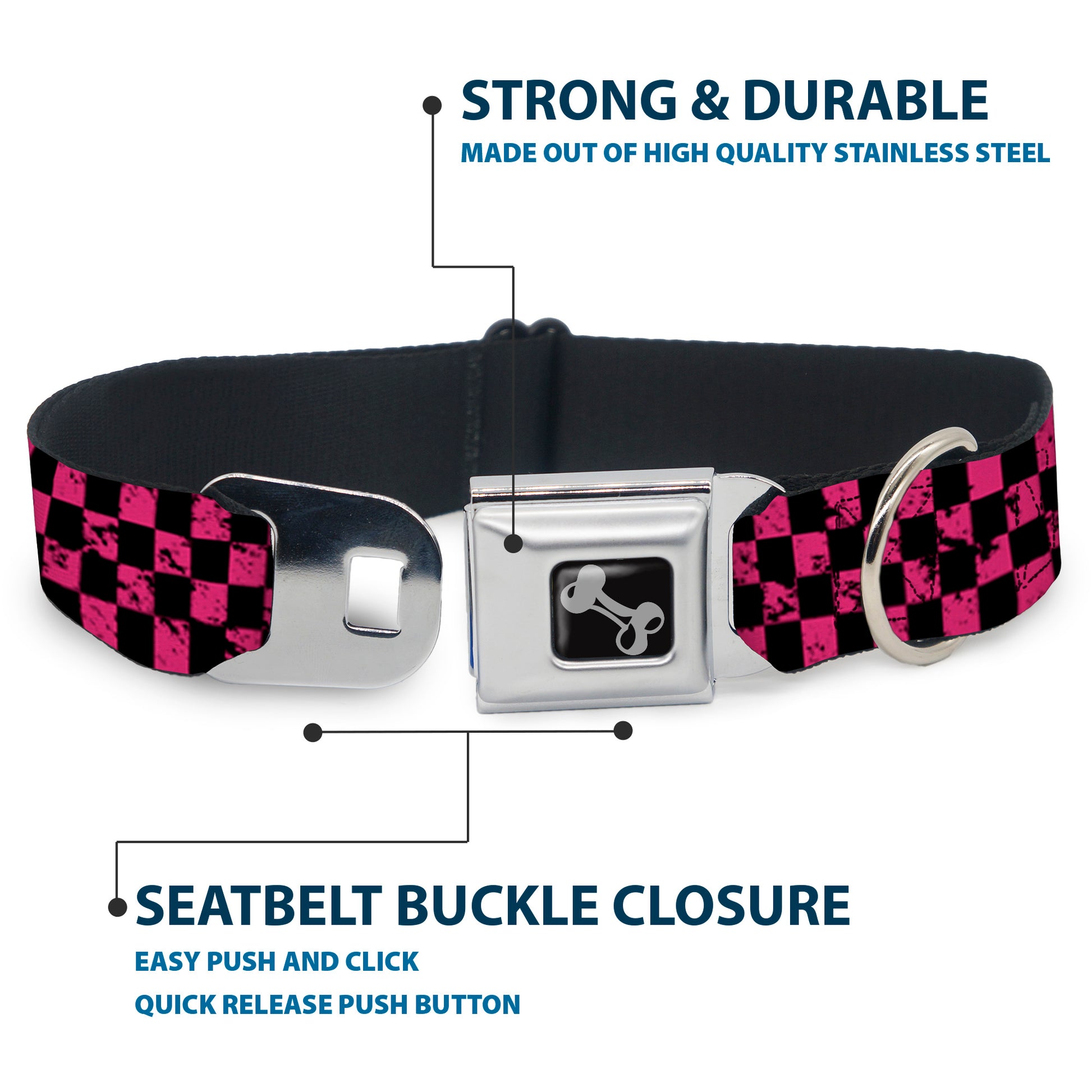 Dog Bone Seatbelt Buckle Collar - Checker Weathered Black/Neon Pink Seatbelt Buckle Collars Buckle-Down