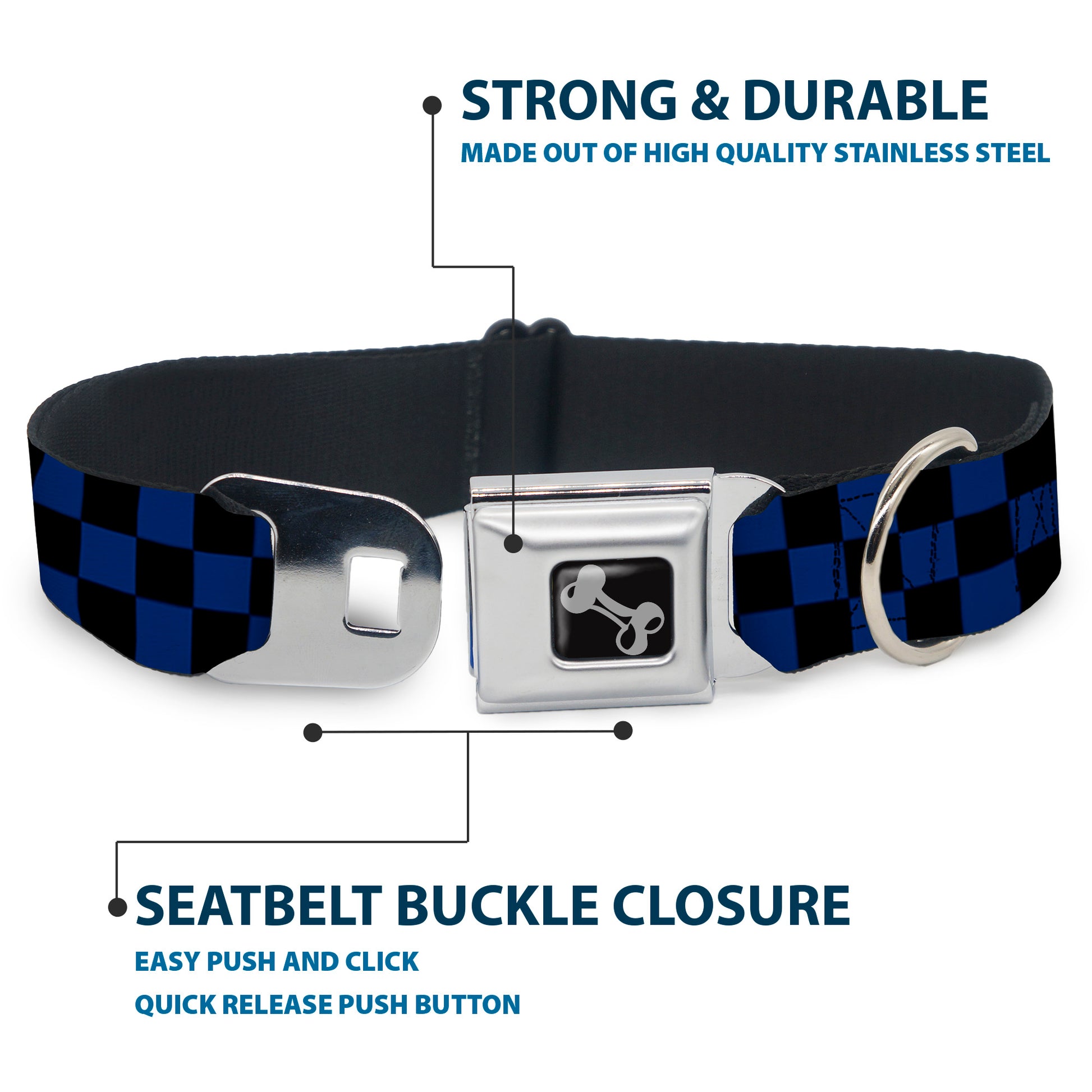 Dog Bone Seatbelt Buckle Collar - Checker Black/Royal 288C Seatbelt Buckle Collars Buckle-Down
