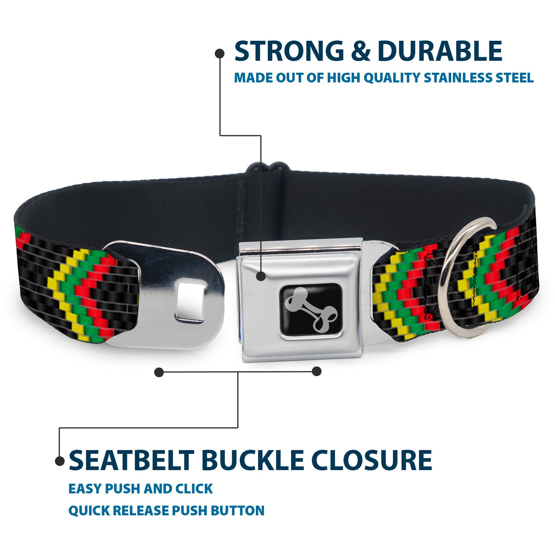Dog Bone Seatbelt Buckle Collar - Chevron Weave Black/Rasta Seatbelt Buckle Collars Buckle-Down