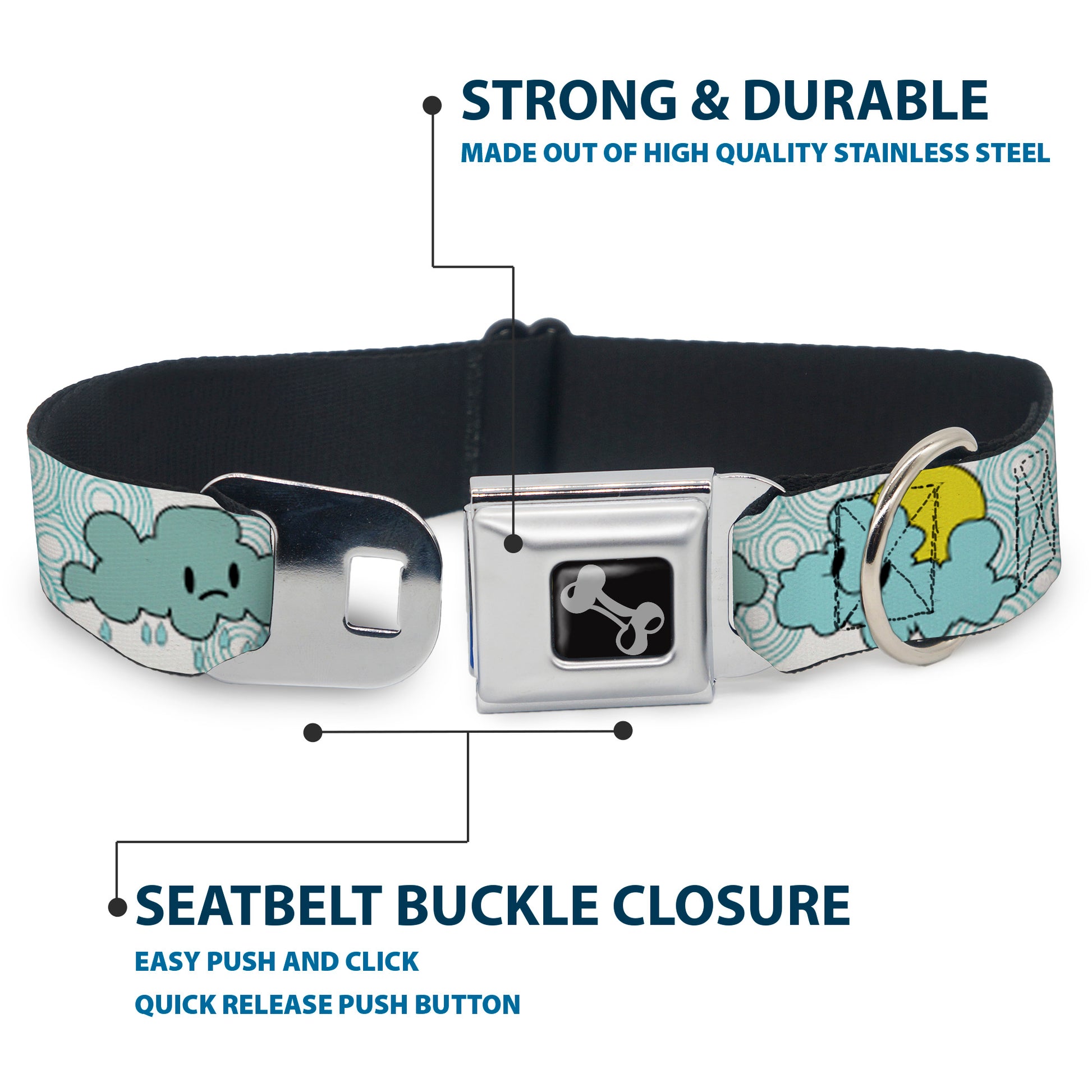 Dog Bone Seatbelt Buckle Collar - Cloudy Skies Rain Clouds White/Blues Seatbelt Buckle Collars Buckle-Down