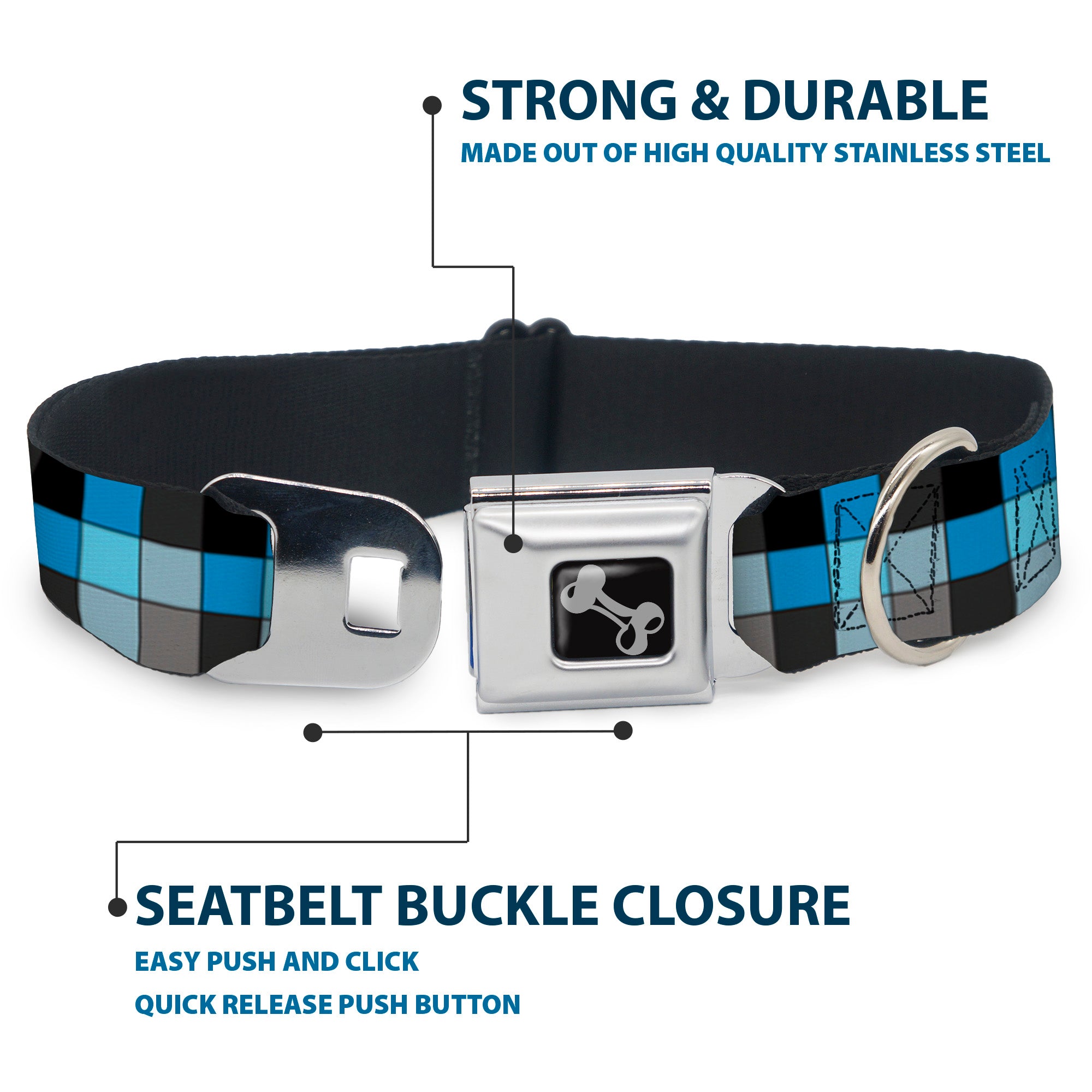 Dog Bone Seatbelt Buckle Collar - Checker Mosaic Blue Seatbelt Buckle Collars Buckle-Down