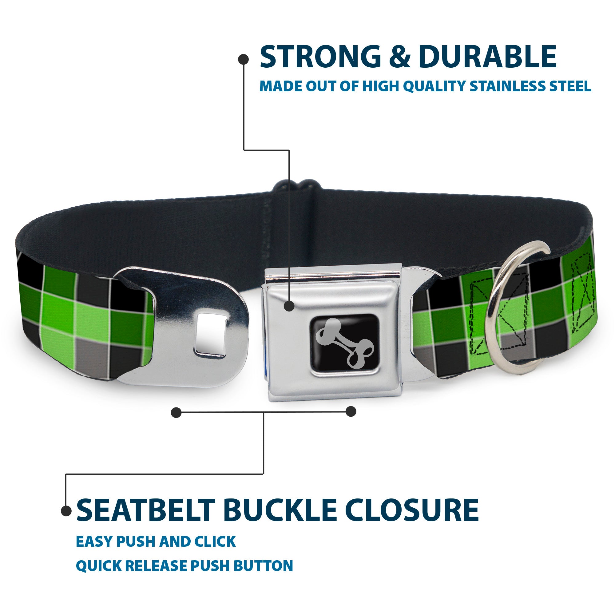 Dog Bone Seatbelt Buckle Collar - Checker Mosaic Green Seatbelt Buckle Collars Buckle-Down