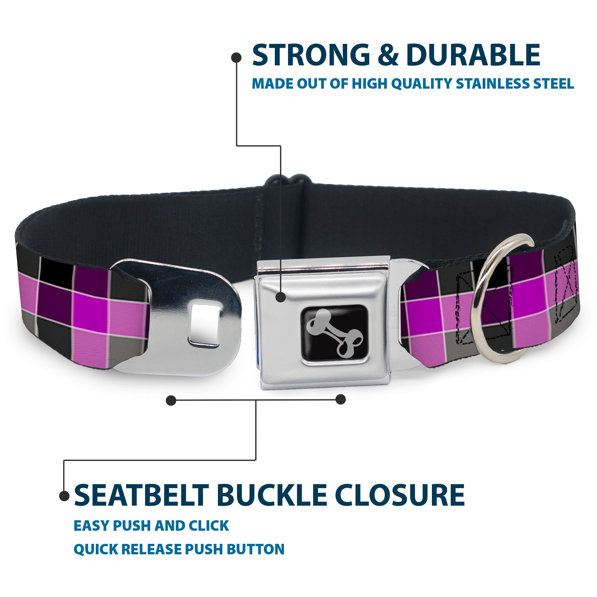 Dog Bone Seatbelt Buckle Collar - Checker Mosaic Purple Seatbelt Buckle Collars Buckle-Down