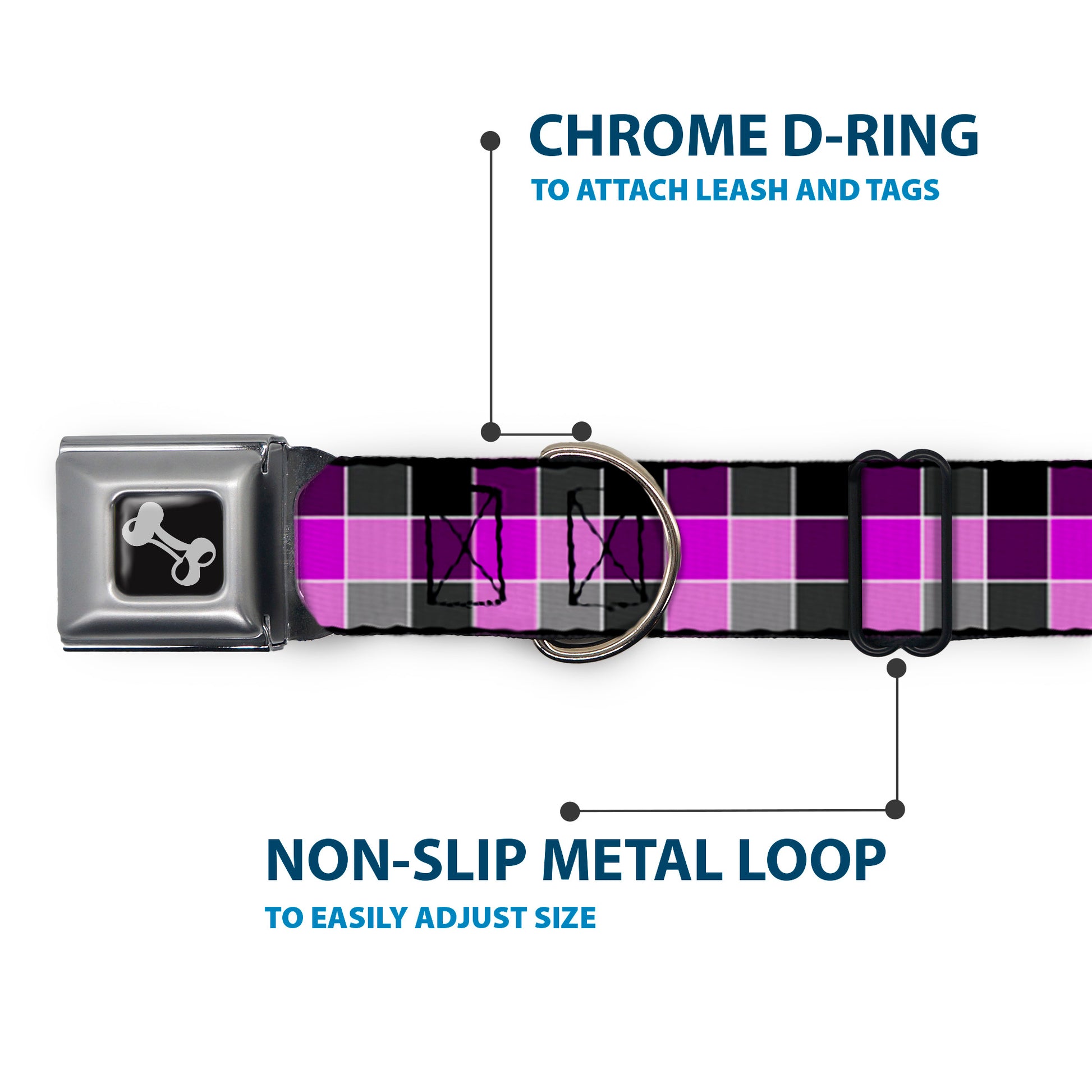 Dog Bone Seatbelt Buckle Collar - Checker Mosaic Purple Seatbelt Buckle Collars Buckle-Down