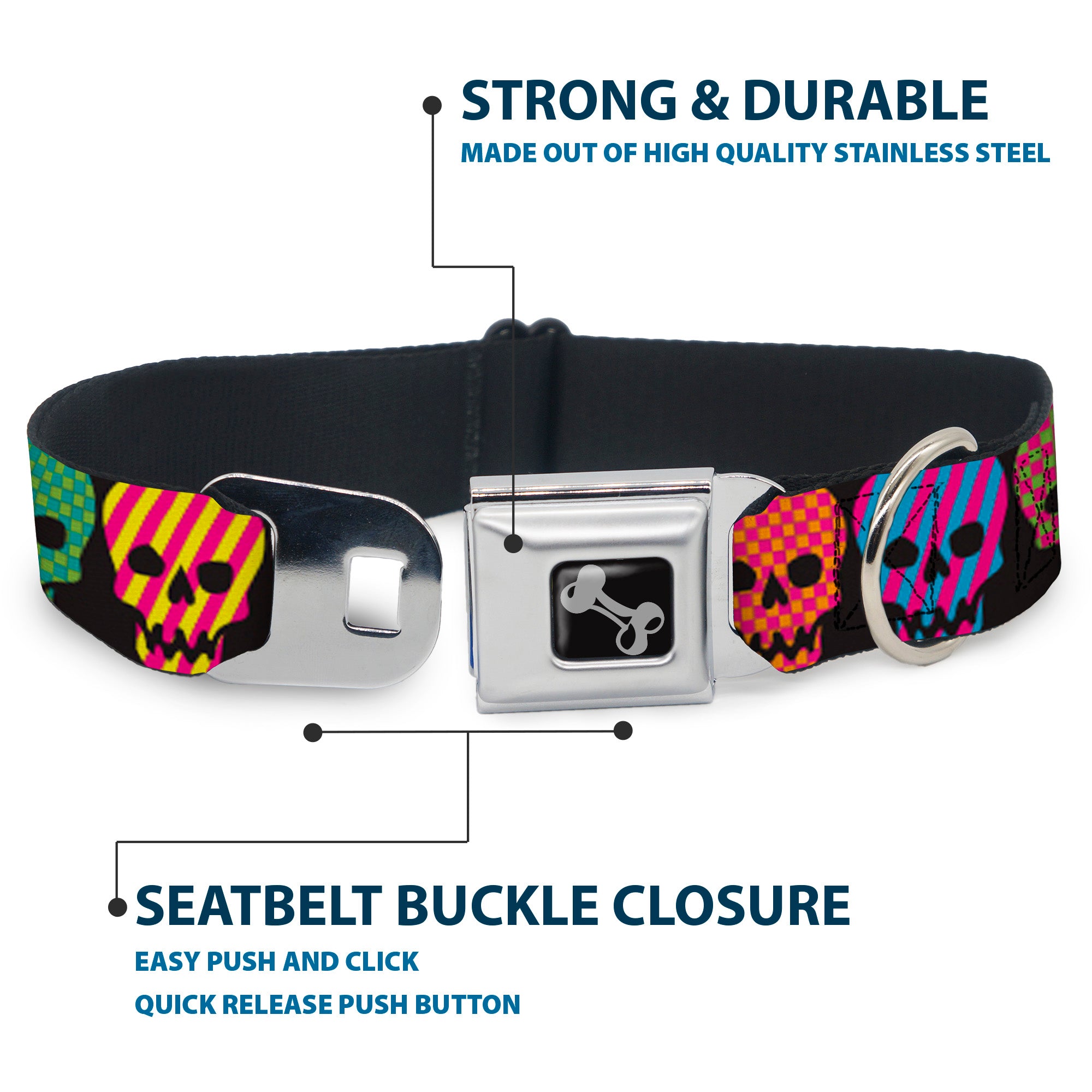 Dog Bone Seatbelt Buckle Collar - Checker & Stripe Skulls Black/Multi Neon Seatbelt Buckle Collars Buckle-Down