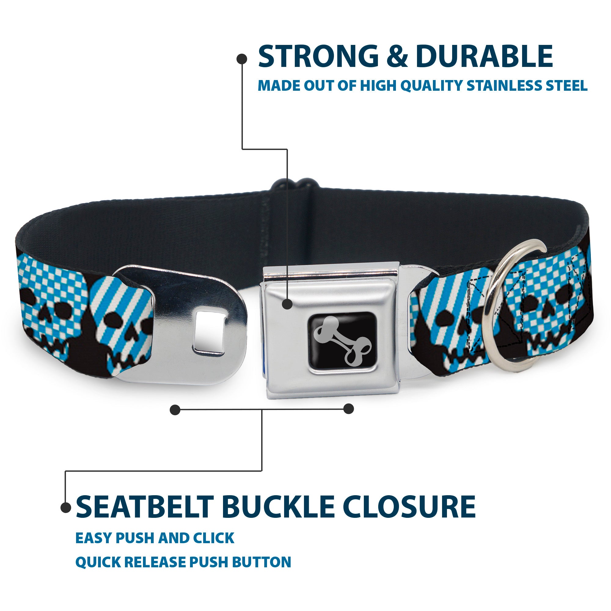 Dog Bone Seatbelt Buckle Collar - Checker & Stripe Skulls Black/White/Baby Blue Seatbelt Buckle Collars Buckle-Down