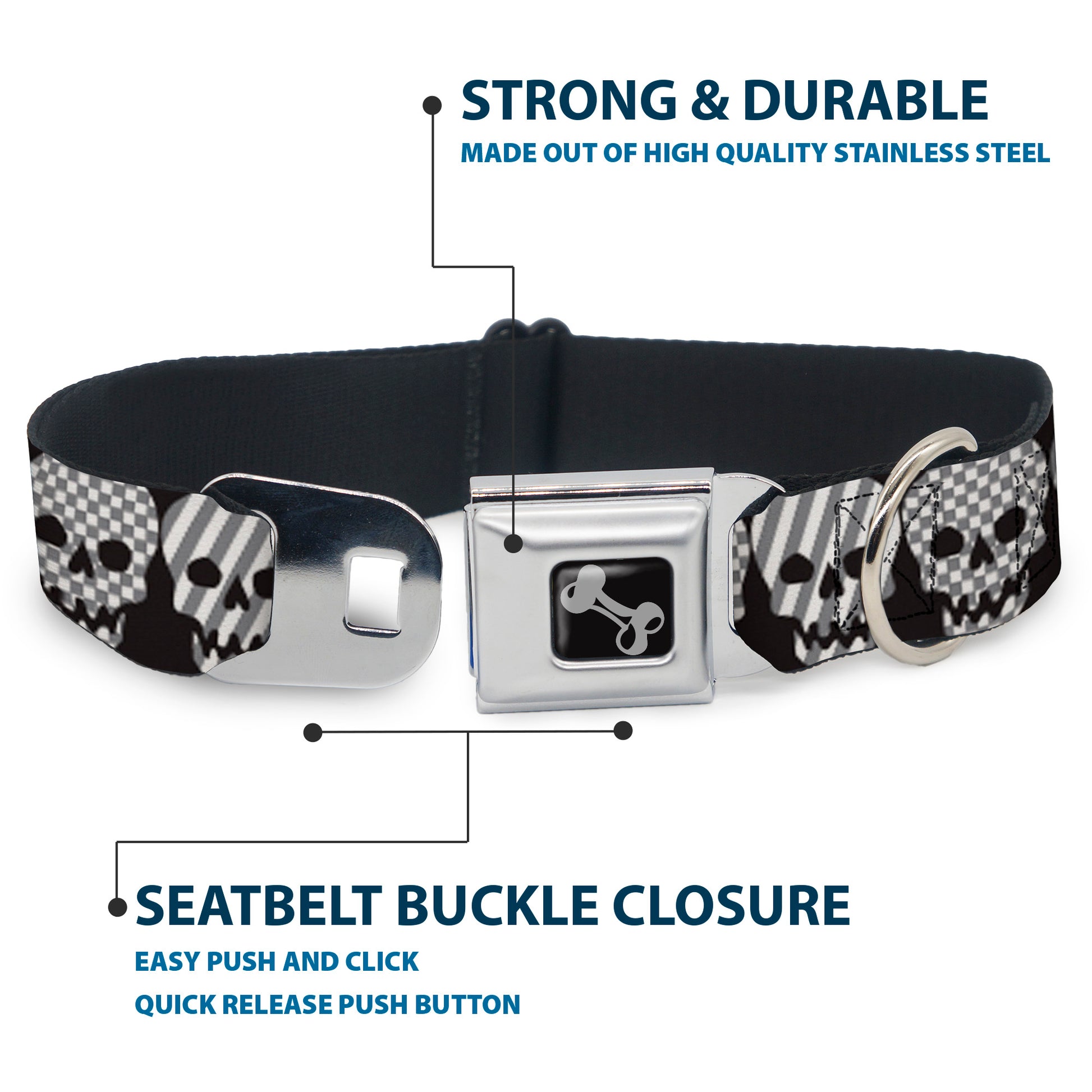 Dog Bone Seatbelt Buckle Collar - Checker & Stripe Skulls Black/White/Gray Seatbelt Buckle Collars Buckle-Down