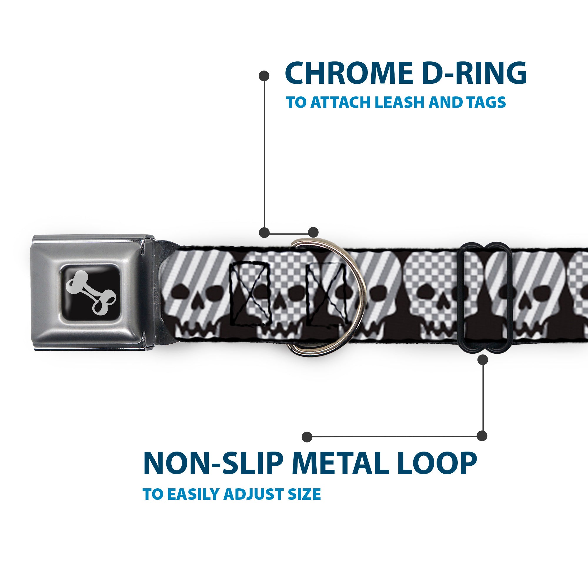 Dog Bone Seatbelt Buckle Collar - Checker & Stripe Skulls Black/White/Gray Seatbelt Buckle Collars Buckle-Down